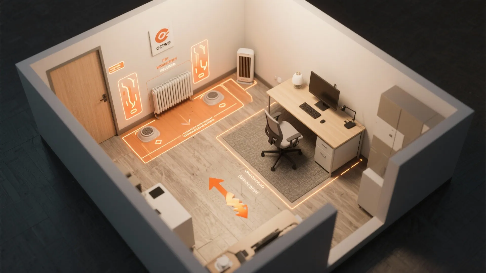 Interior design drawing showing a home office layout with desk chair and orange light floor