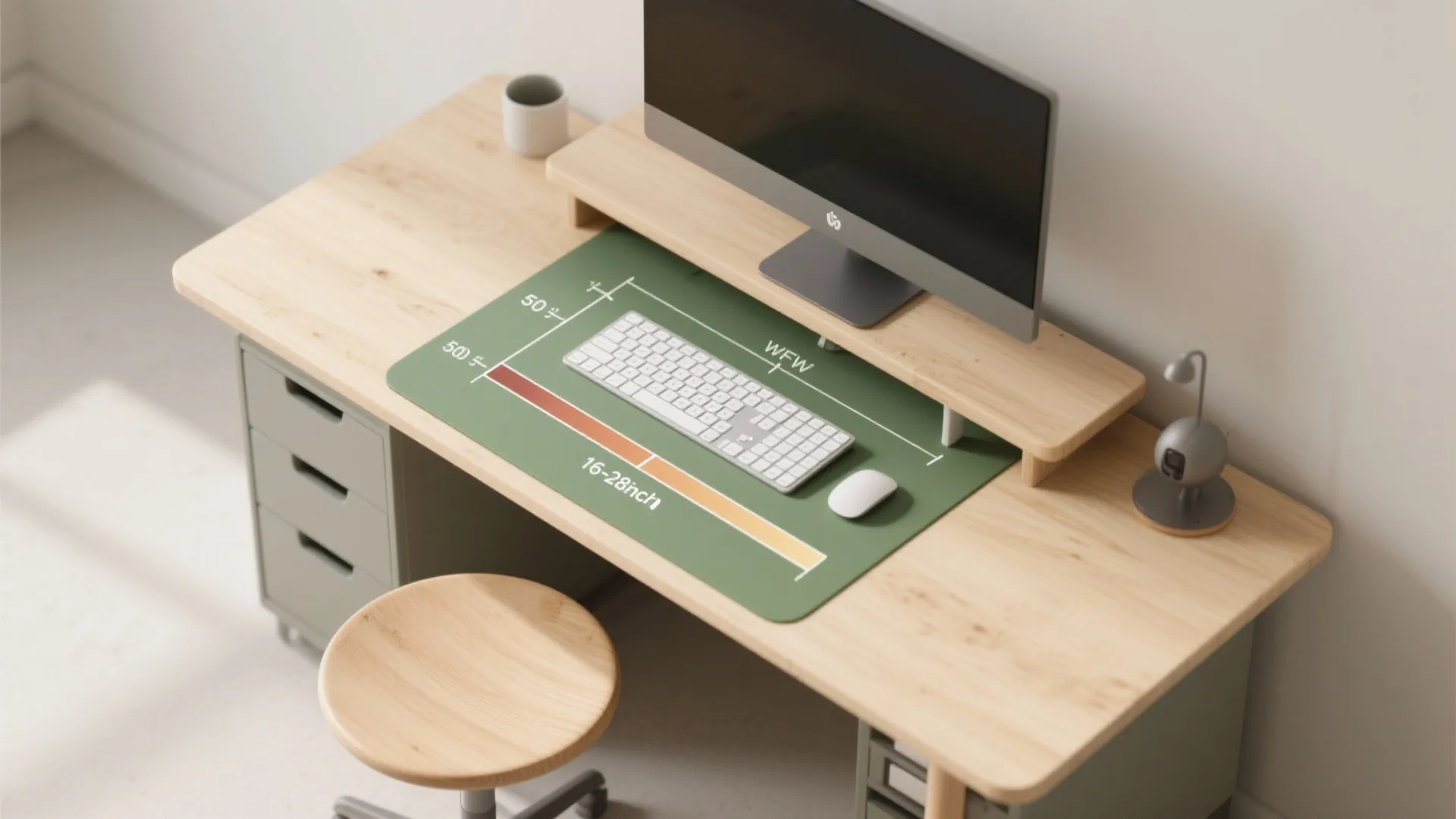 Top down view of wooden desk with monitor keyboard and green mat showing size measurements