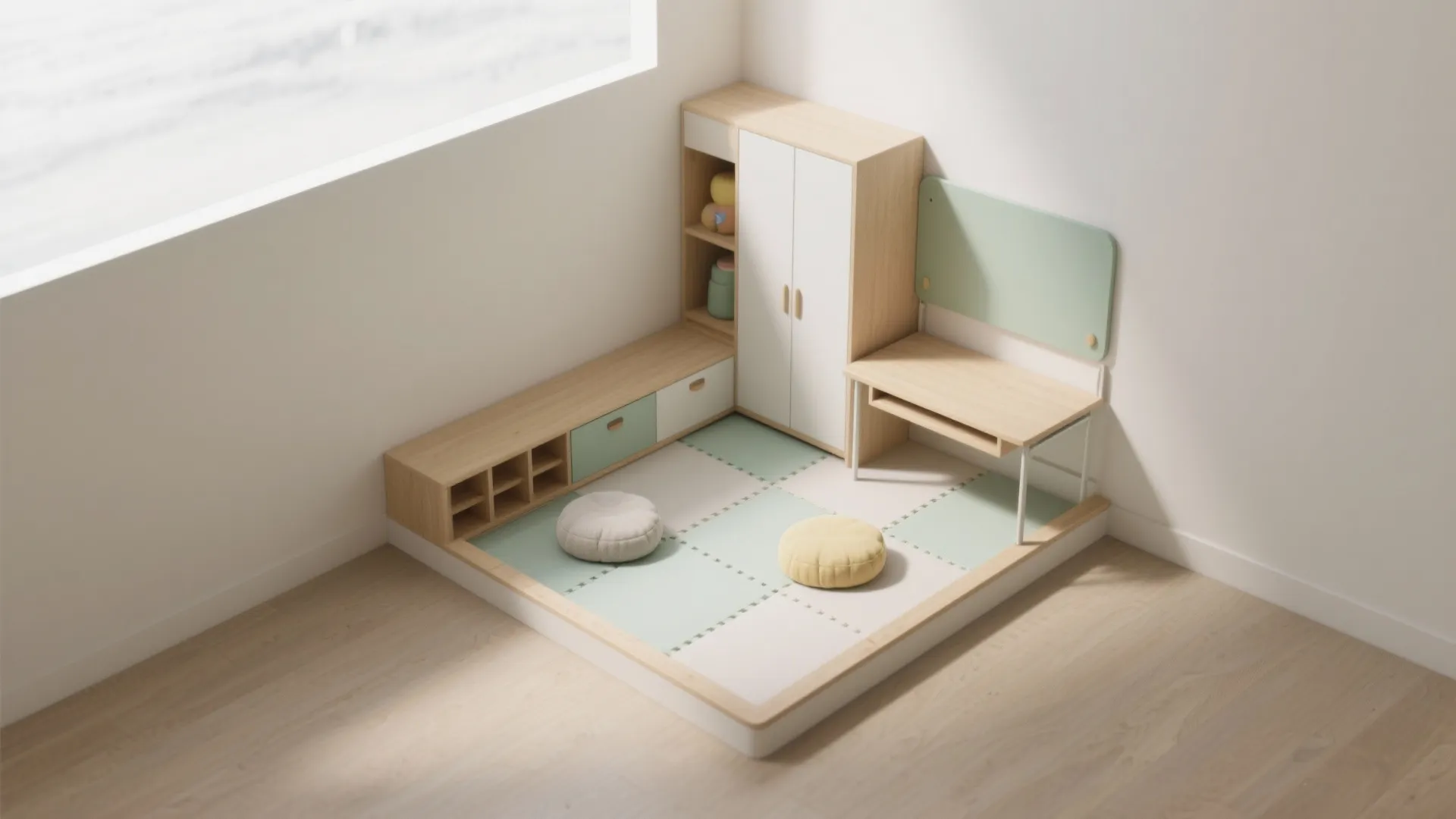 Small kids playroom corner with wooden cabinet desk green floor mats and two round cushions