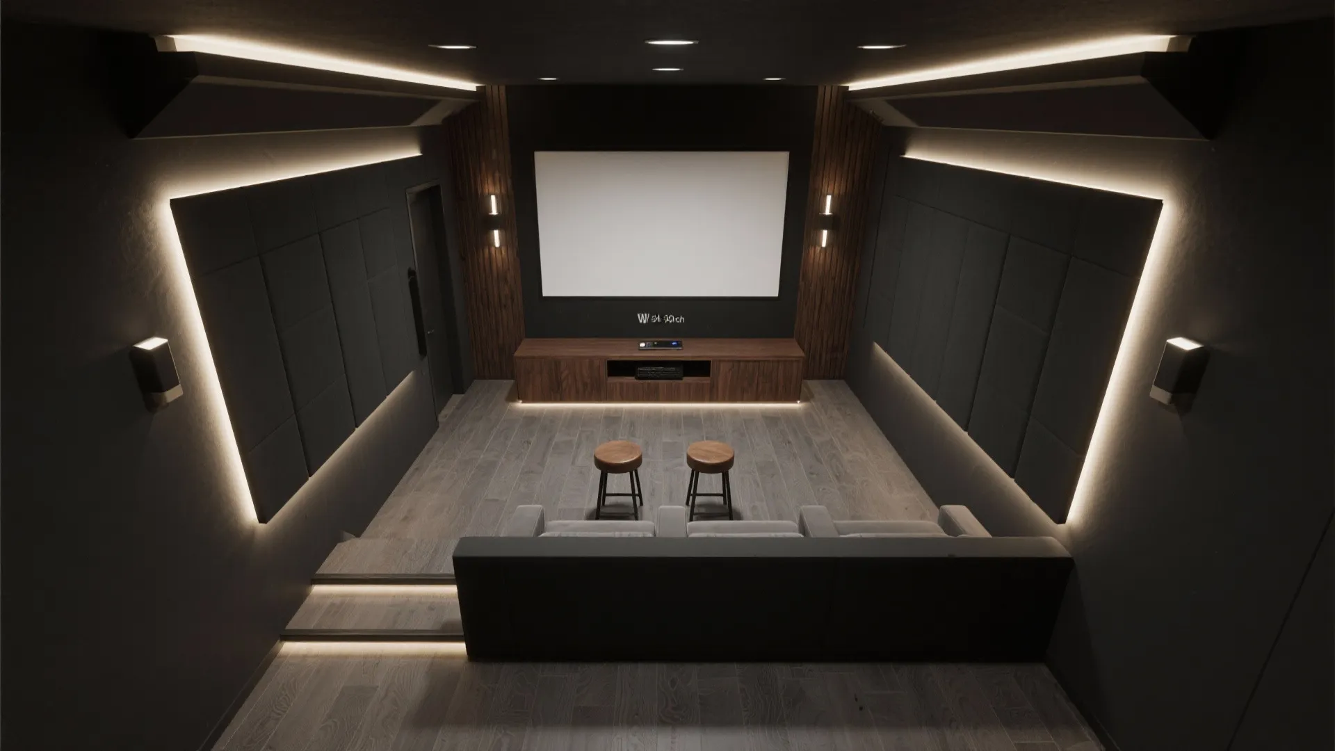 Top down interior design drawing of home theater with projector screen and wall panel lighting