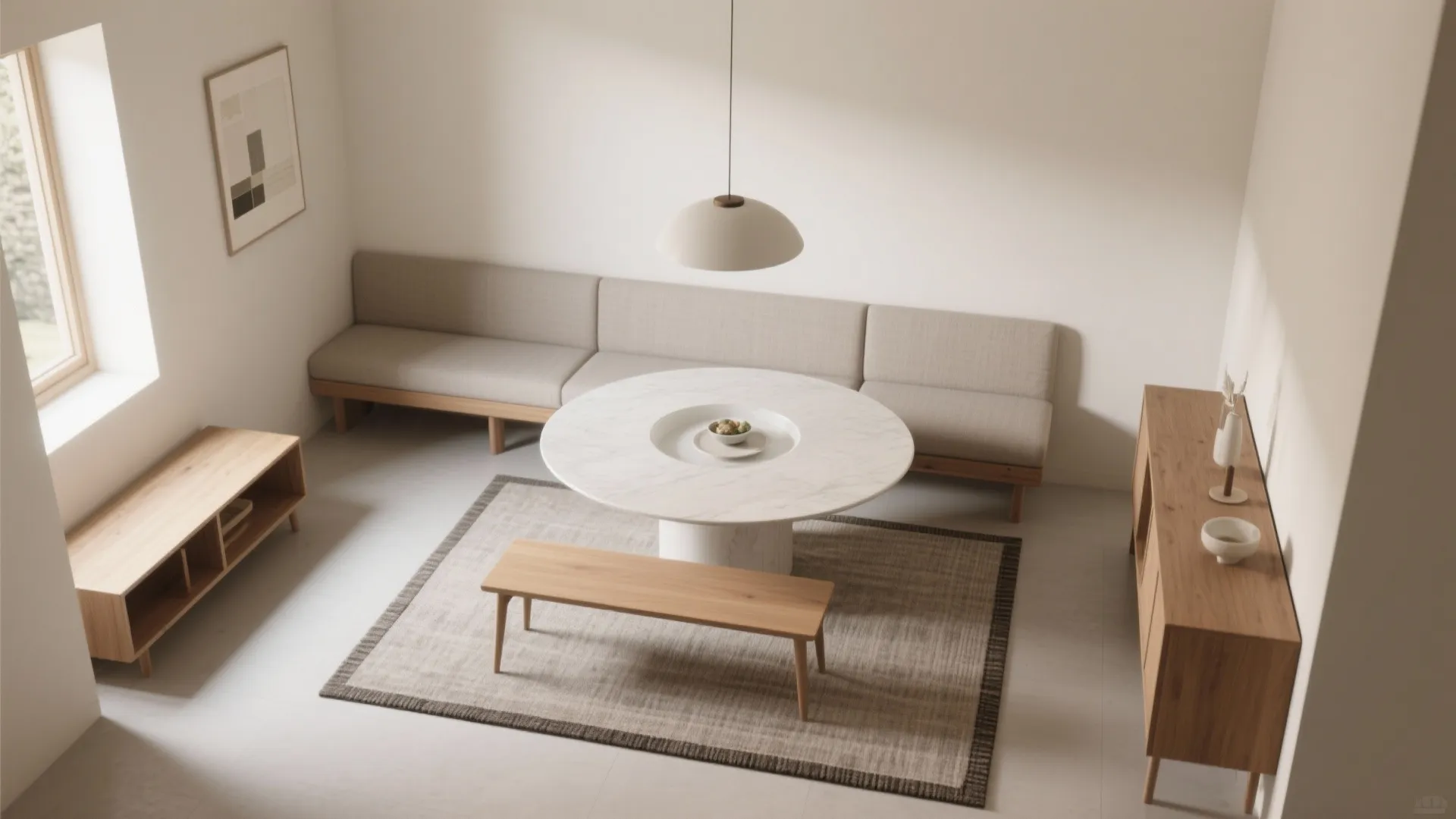 Top view of a dining room with white round table long sofa bench and wooden cabinet