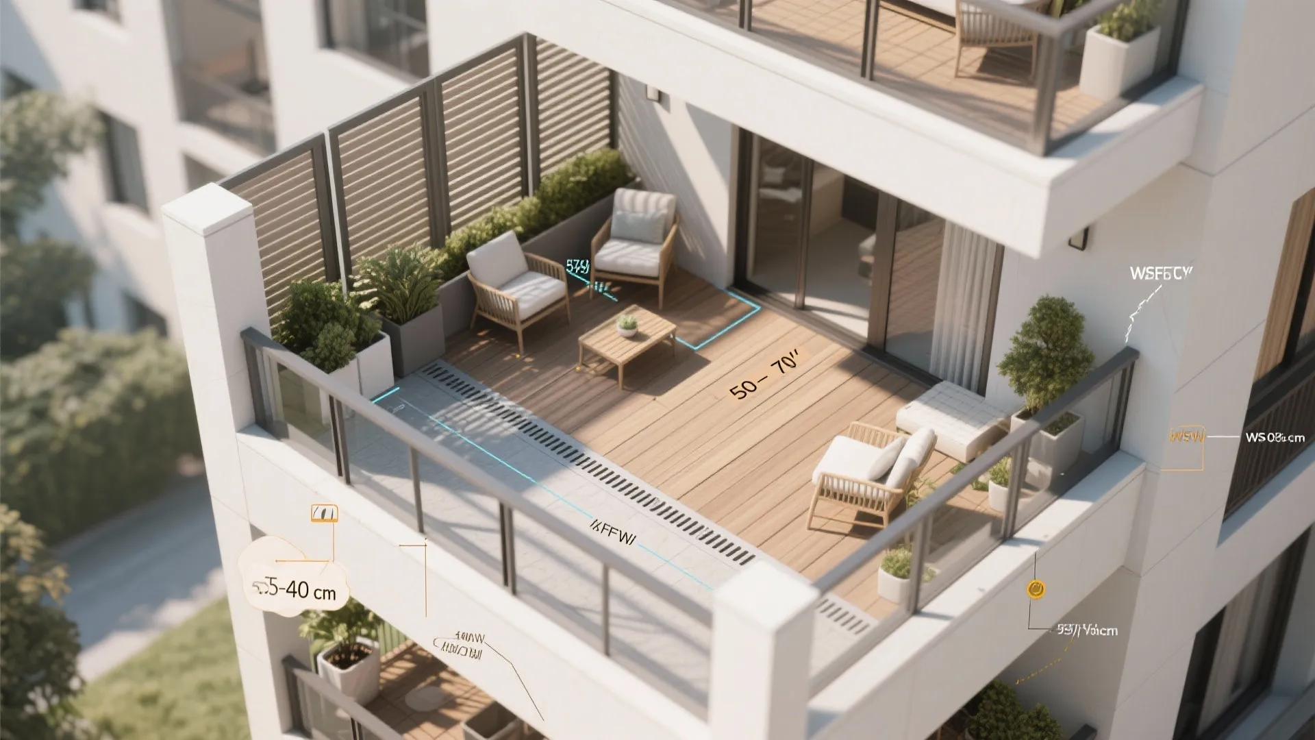 Top view of apartment balcony showing wood floor chairs table potted plants and layout dimension