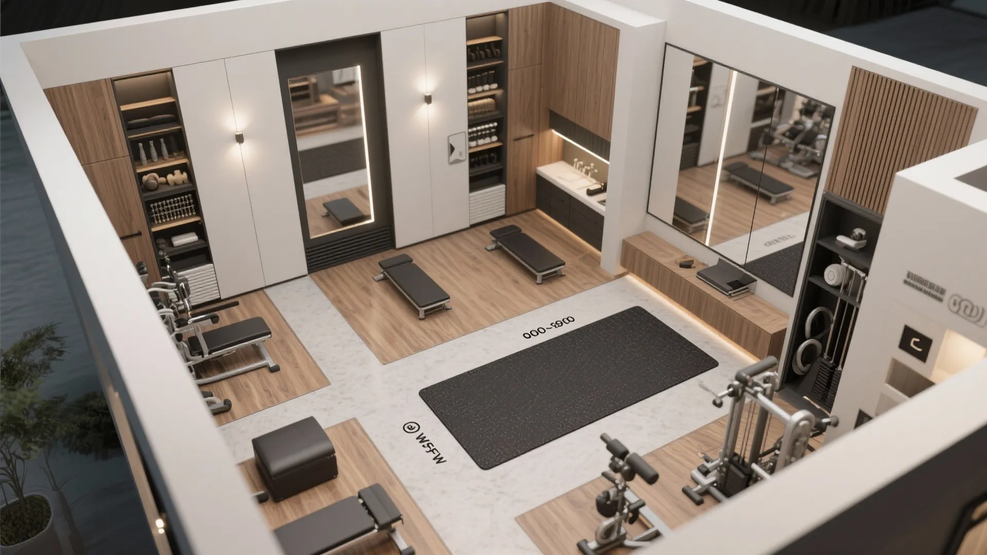 Interior design drawing of gym layout with wooden floor mirrors benches and white storage cabinets