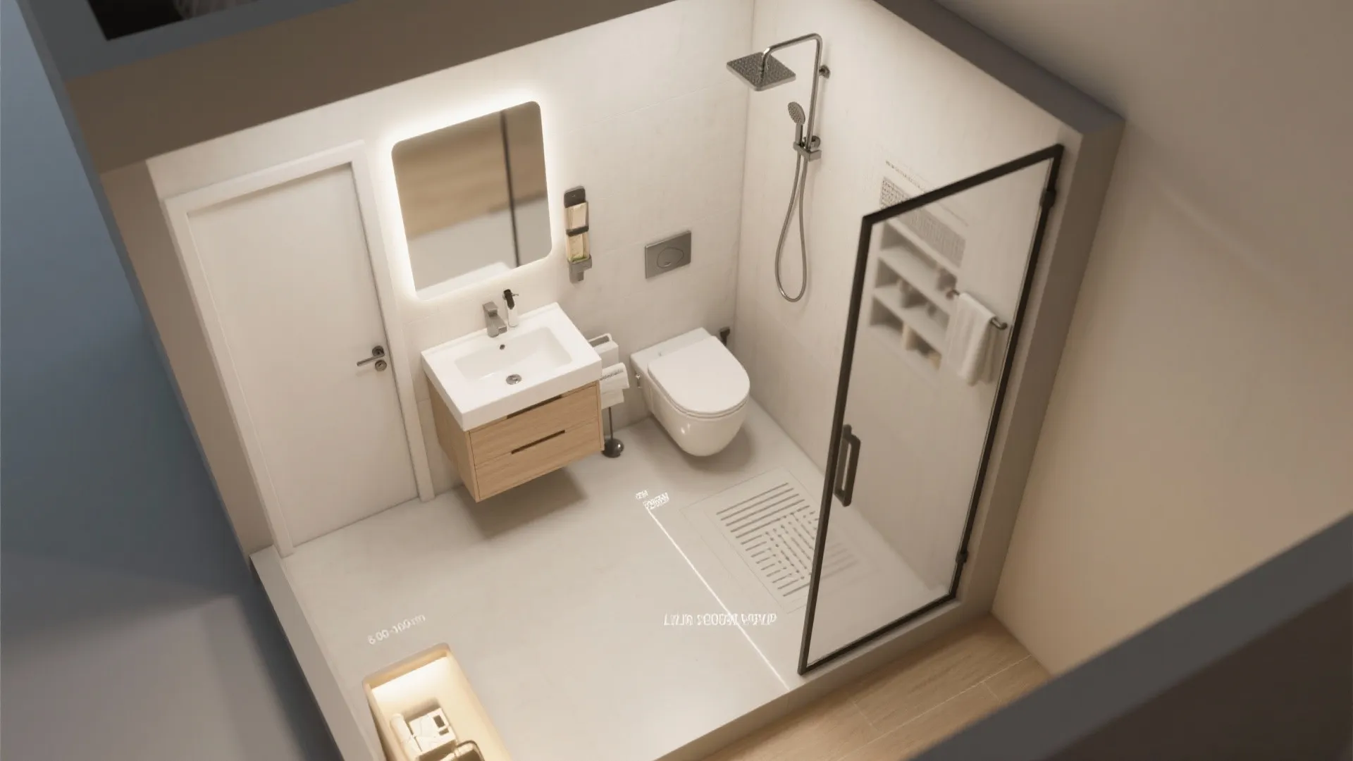 Modern small bathroom layout showing white sink wood cabinet toilet glass shower door and wall light
