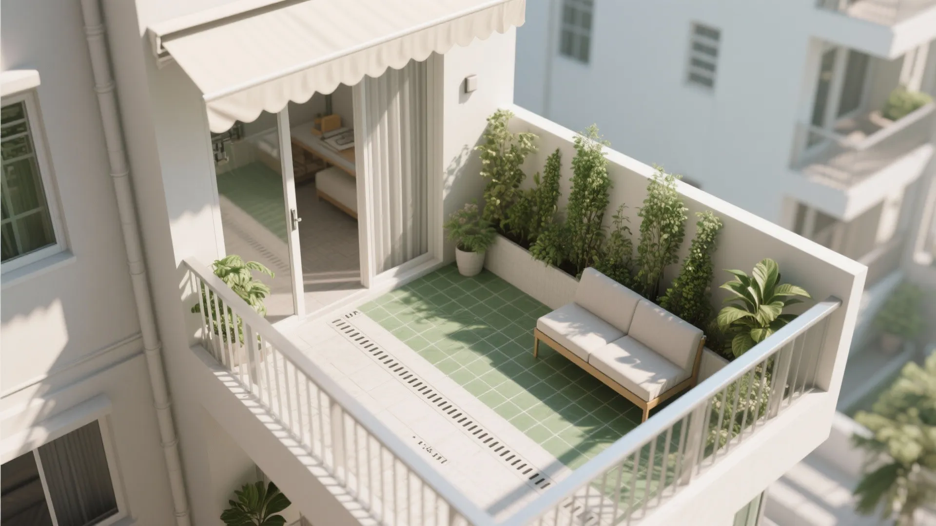 Modern white balcony with green floor tiles white sofa green plants and a white curtain