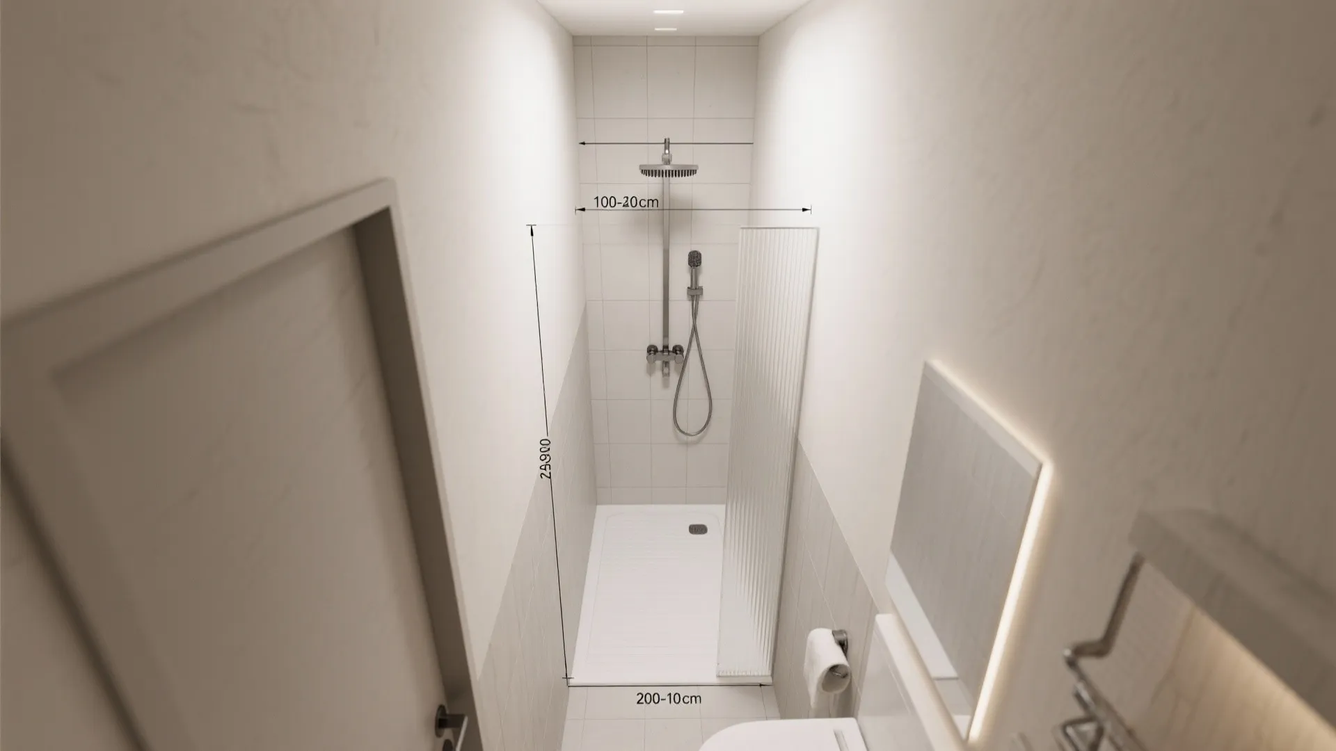 Top-down visualization of a narrow bathroom showing proportional heights for rain head and hand shower.