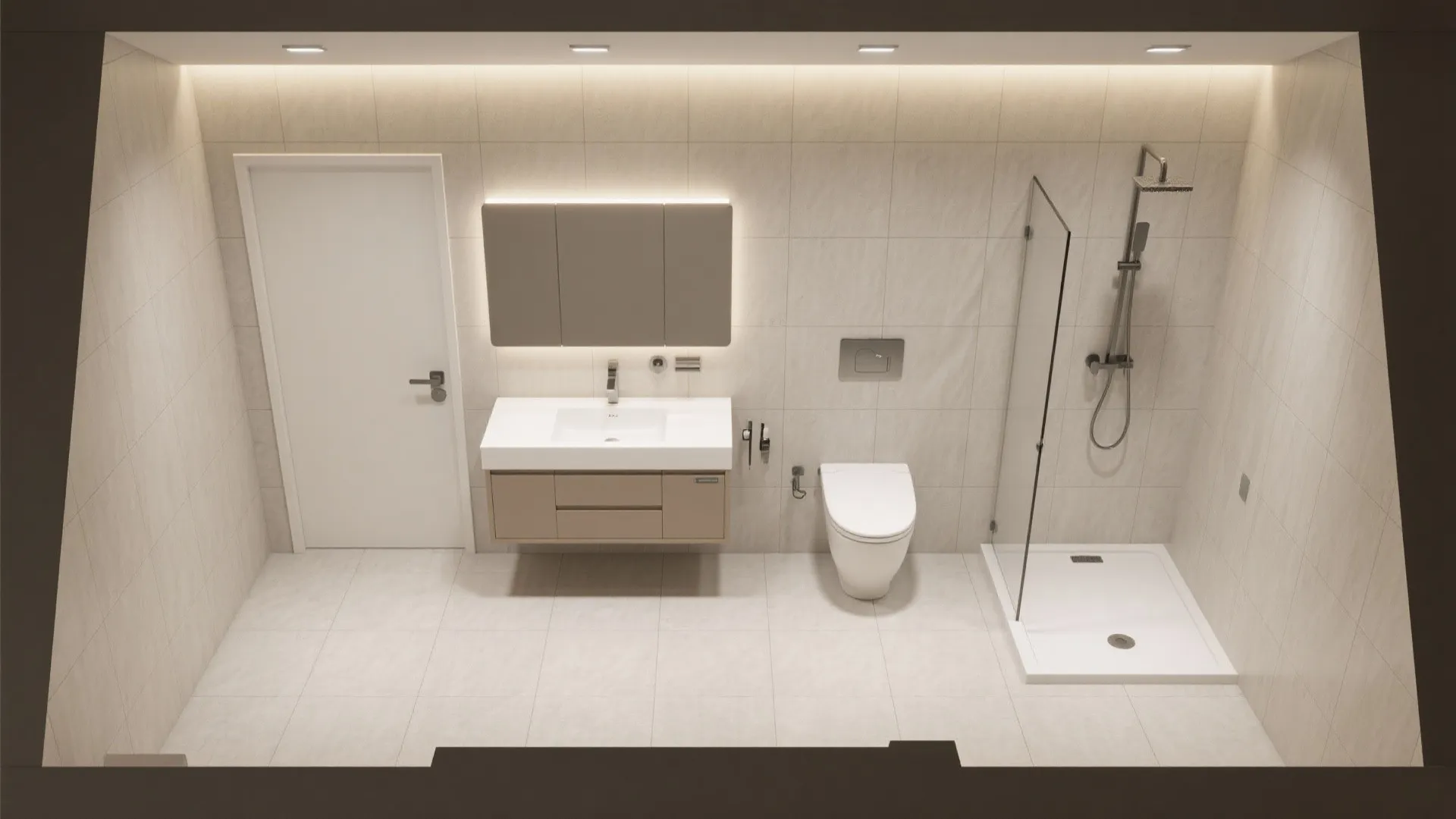 Modern bathroom interior design showing white sink cabinet toilet glass shower area and white door