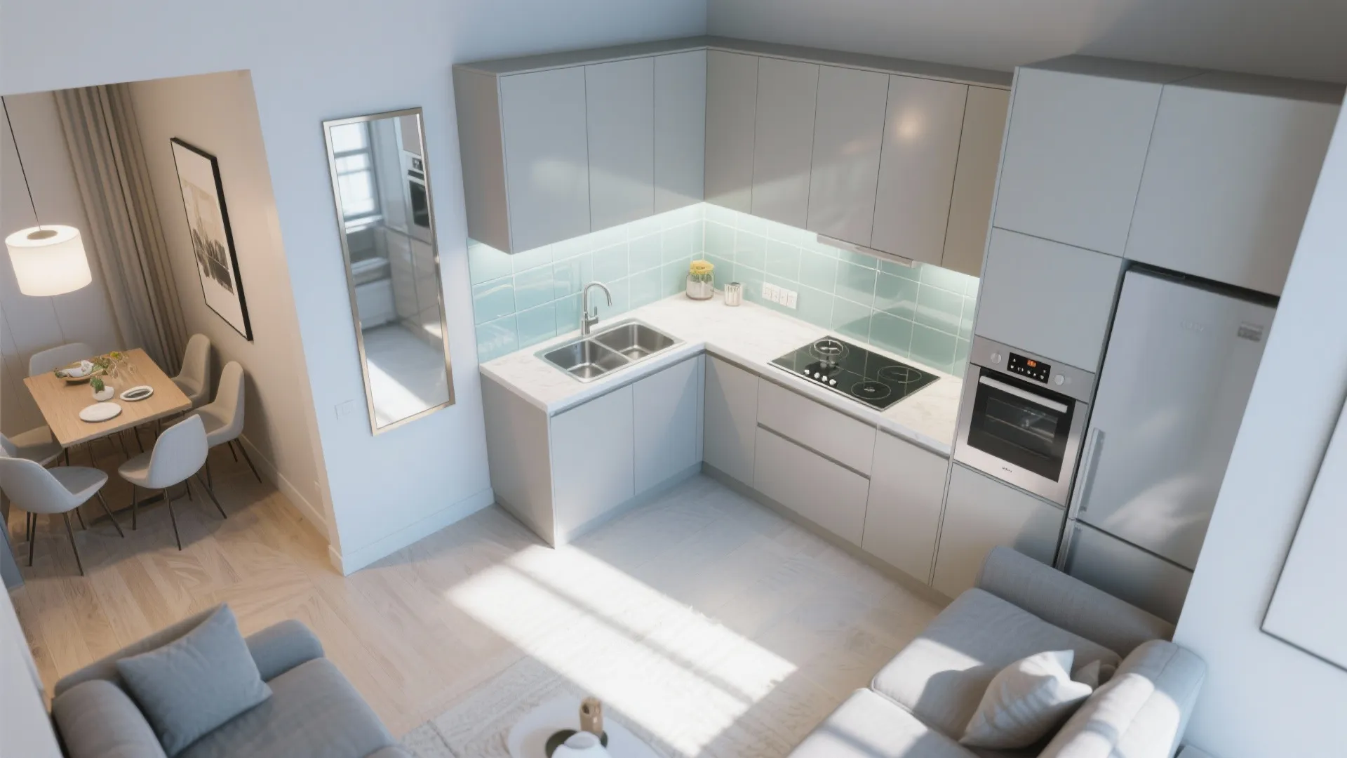 Modern small apartment room layout with grey kitchen cabinets, white countertops, and wooden dining table