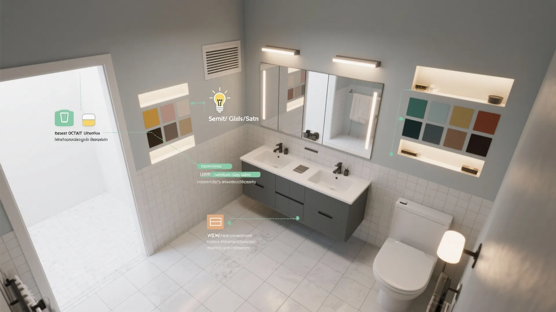 Modern bathroom interior design drawing with double sink cabinet mirror toilet and white wall tile