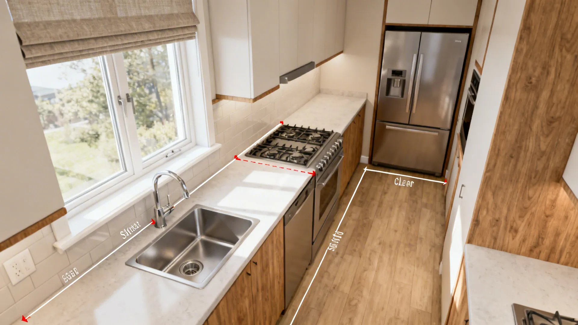 Top-down vignettes show sink under window, cooktop on long run, and safe clearances.