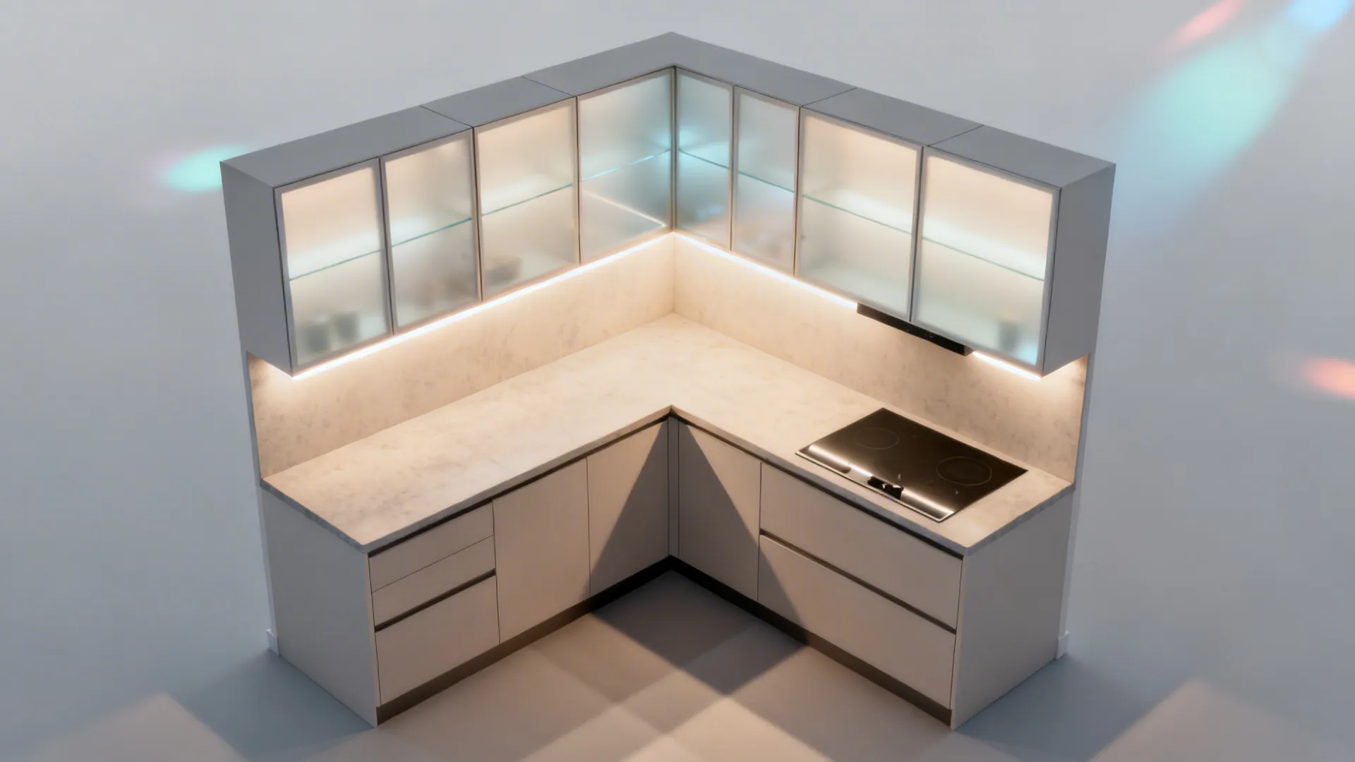 Top-down schematic of an L-shaped small kitchen highlighting frosted uppers and lighting.