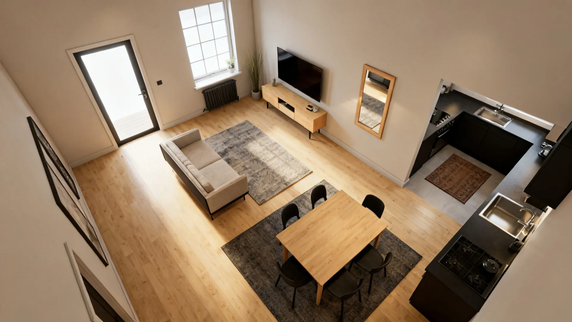 Top-down layout showing clear pathways, a slender sofa opposite media, and a dining table near the kitchen with adequate clearance.