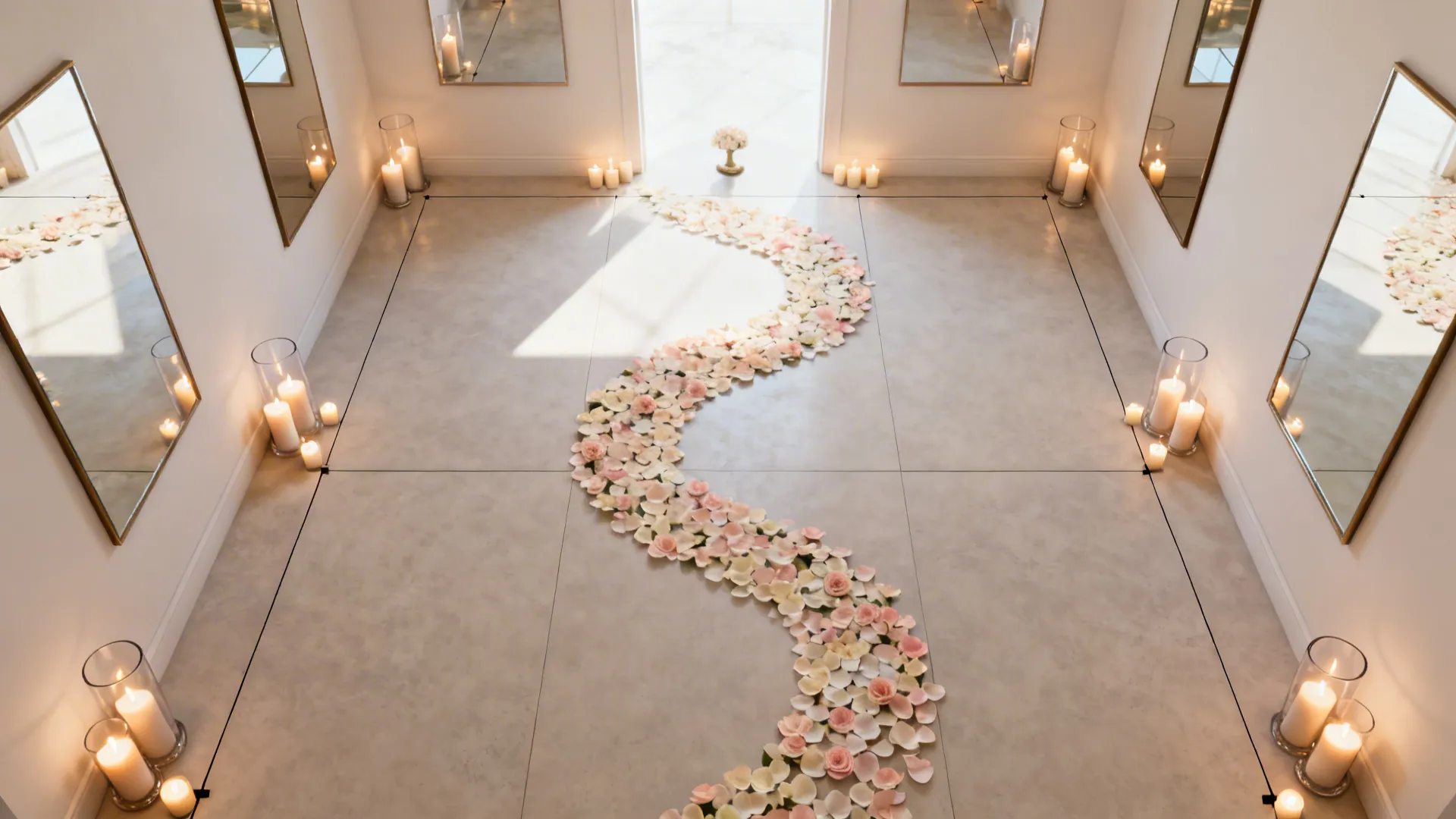 Top-down 150 sq ft room layout showing candle clusters, petal path, and safe clearances.