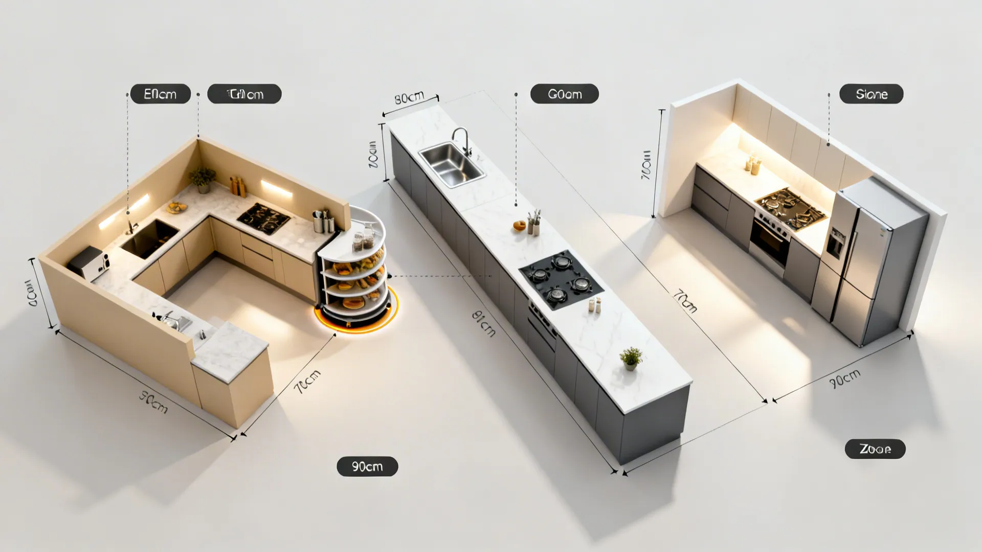 Top-down views comparing L-shaped and galley layouts with clear zones and aisles.