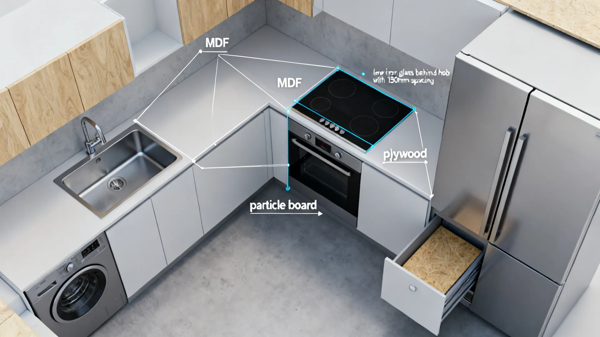 Top-down compact kitchen diagram showing work triangle, corner pull-out, and material notes.