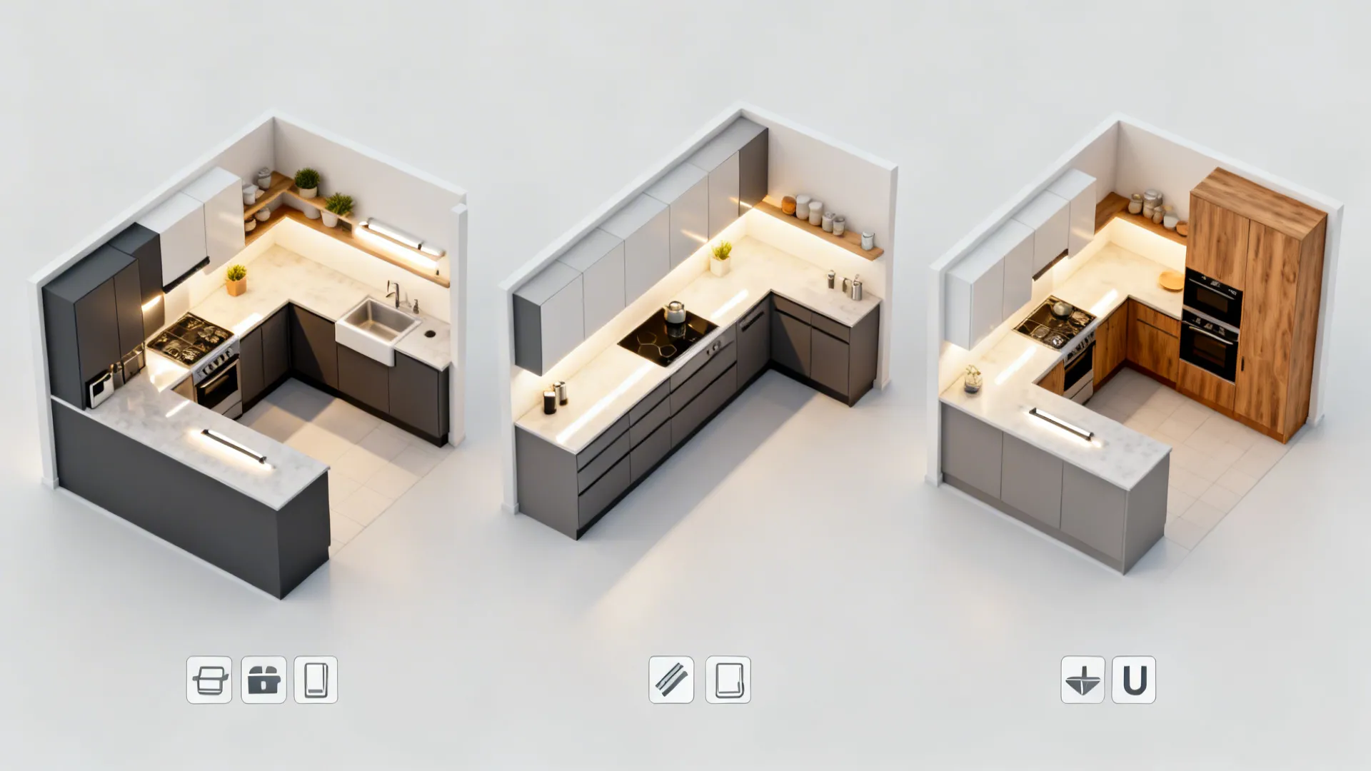 Top-down layouts showing mica finish choices and under-cabinet lighting positions.