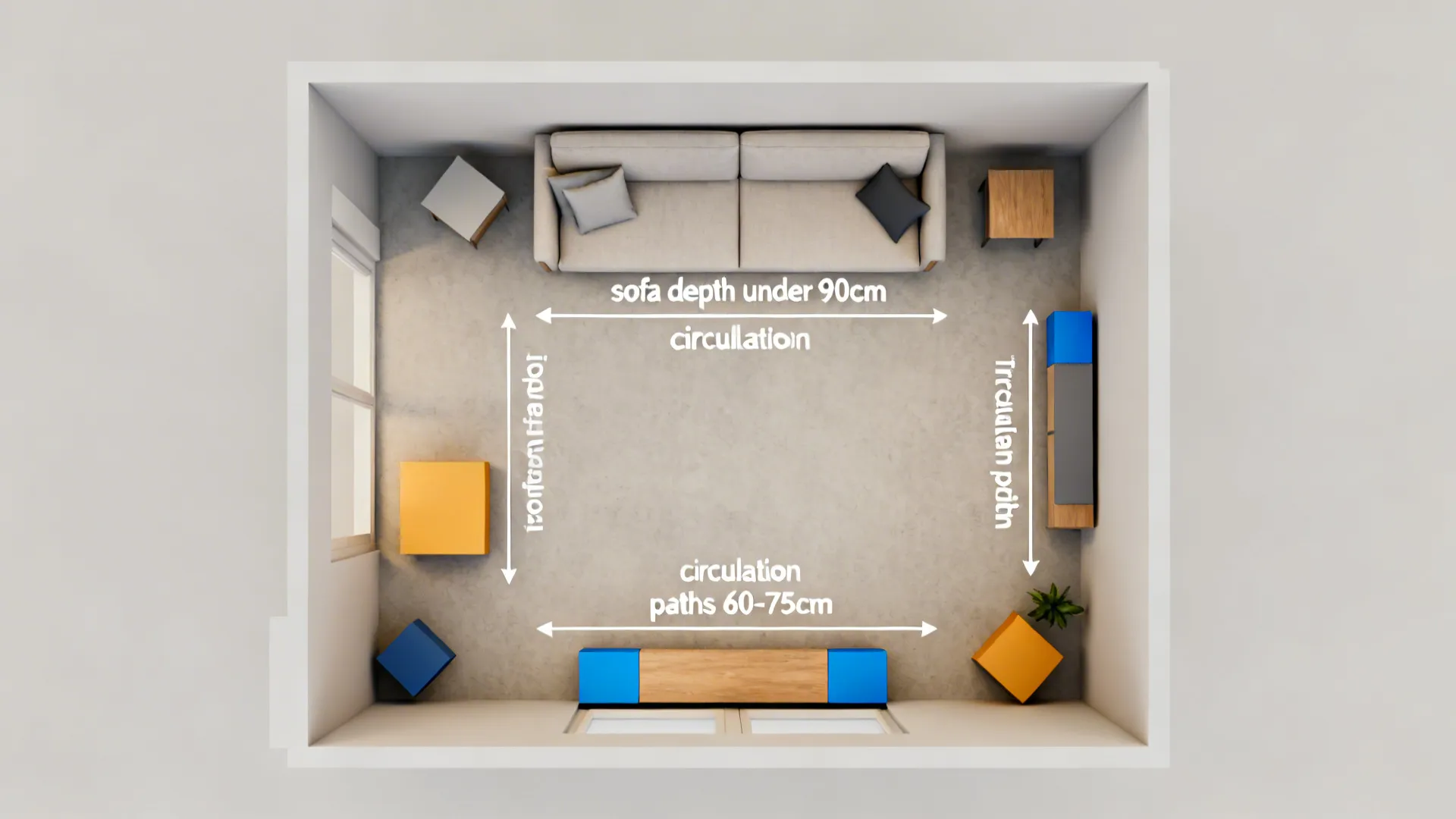 Top-down 3D mockup of a small living room showing measurements and circulation paths for planning.