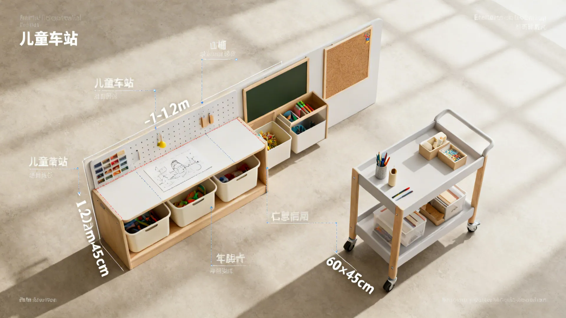 Top-down plan concept showing a small wall station and a 60×45 cm rolling cart with organized zones.