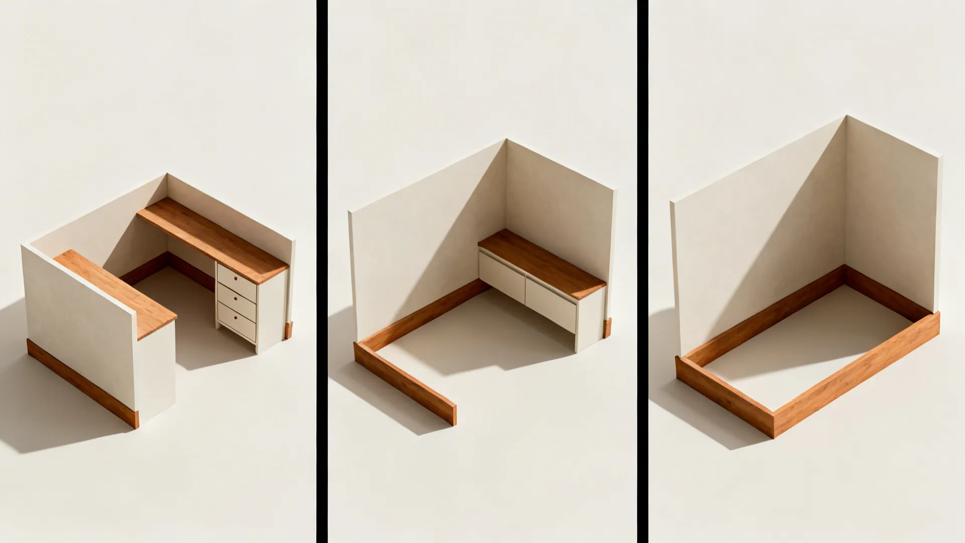 Top-down vignettes showing an L-shaped layout, a single-wall with utility wall, and varied cabinet depths.