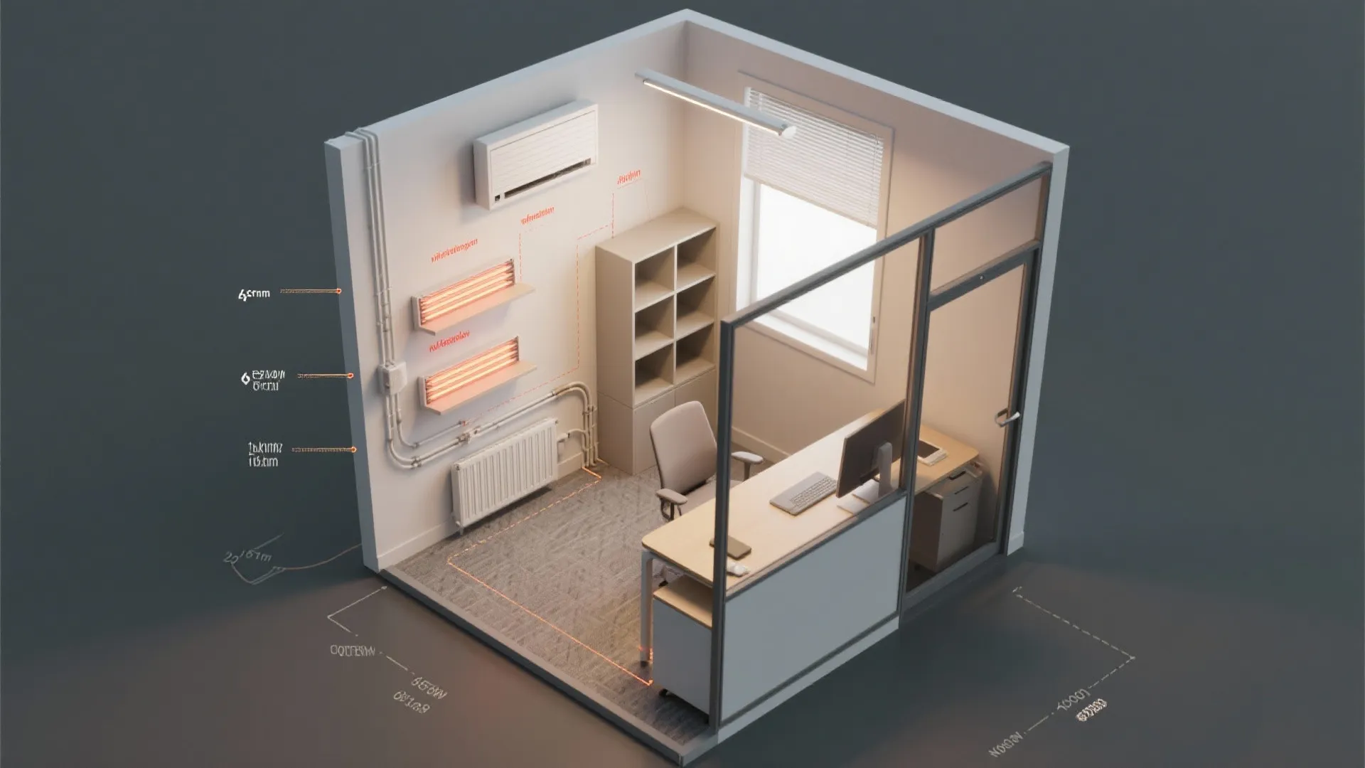 Top-down office layout diagram showing safe heater placement options and clearances in a small workspace.