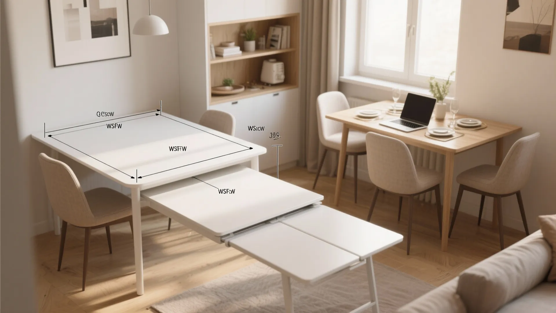 Interior design drawing showing measurements of a white extendable dining table in a bright room