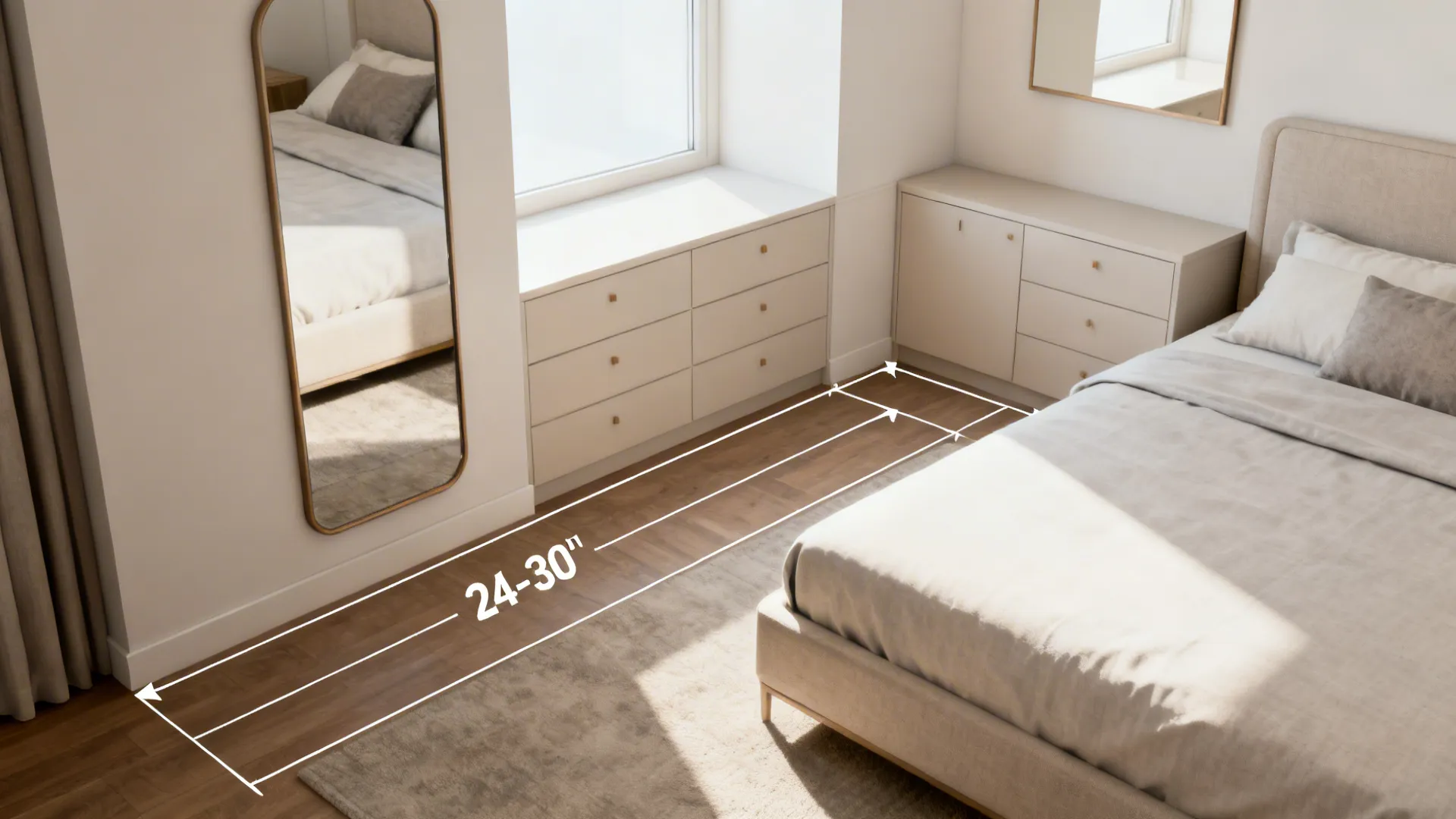 Bedroom layout showing recommended space between bed and white cabinets with white measurement line label