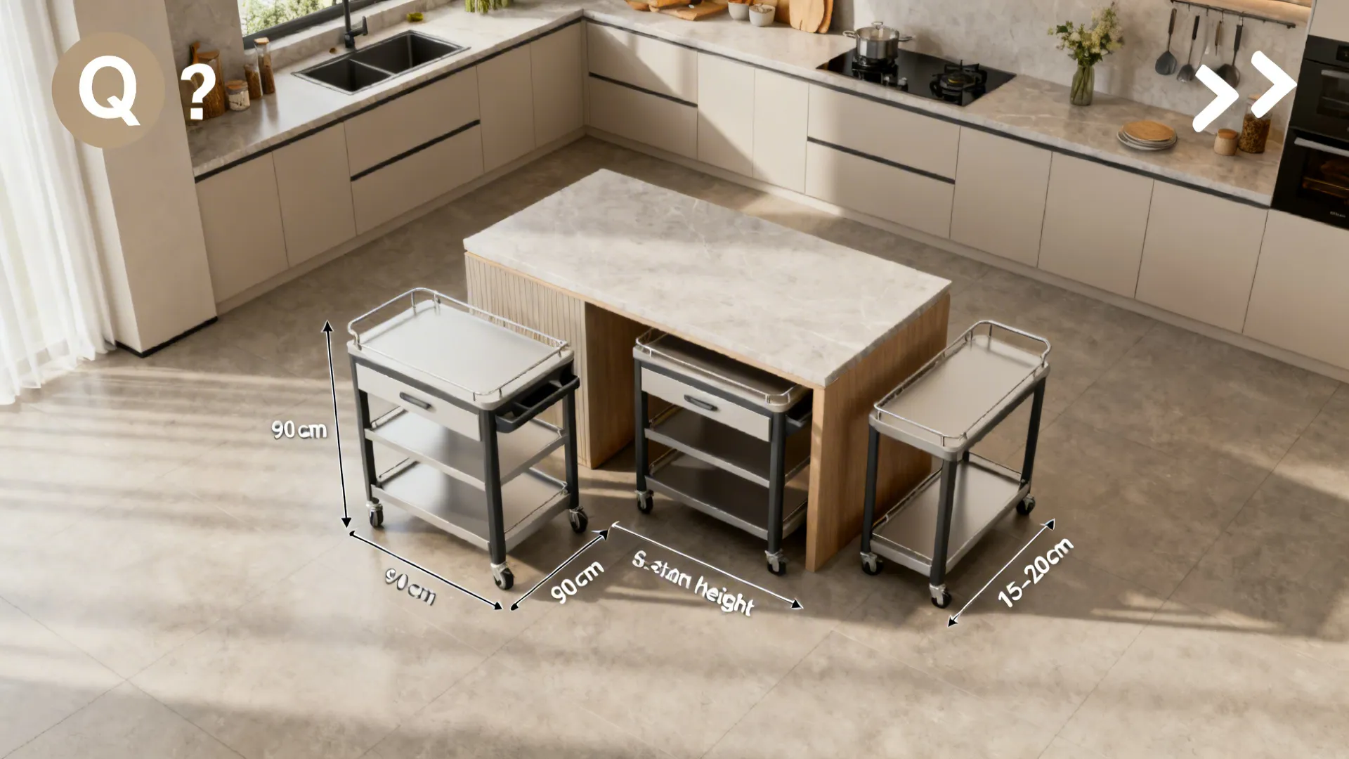 Top-down visual showing trolley clearances, counter-height alignment, and slim-gap fit.