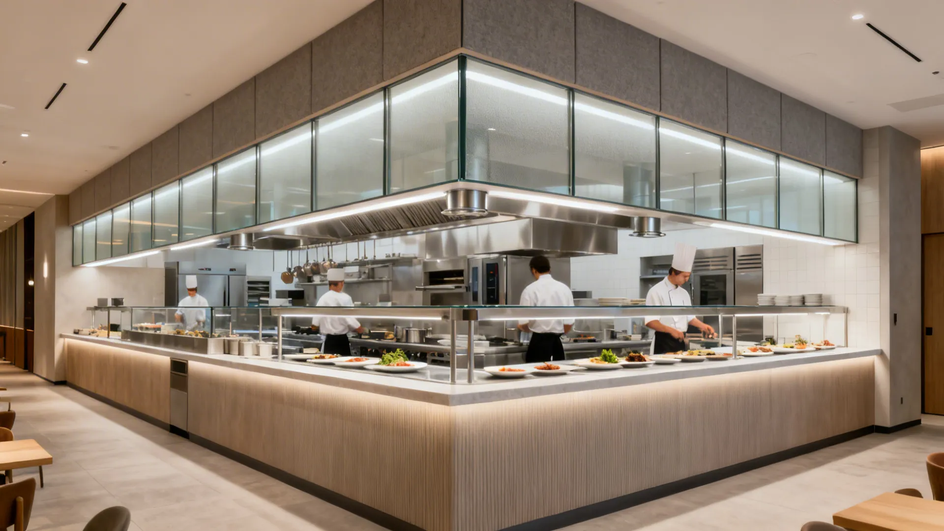 Composite view of a compact linear or L-shaped kitchen line to a short pass with acoustic glass and precise lighting.