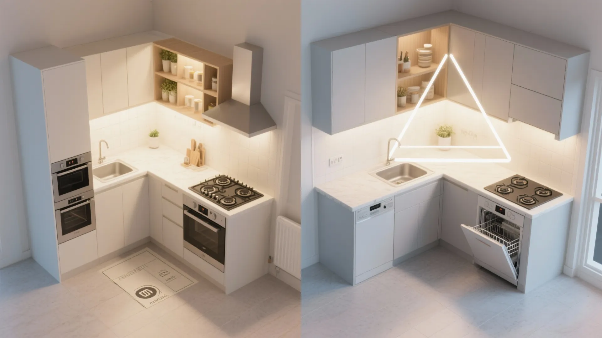 Top-down visuals of one-wall and L-shaped small kitchen layouts with lighting and work triangles.