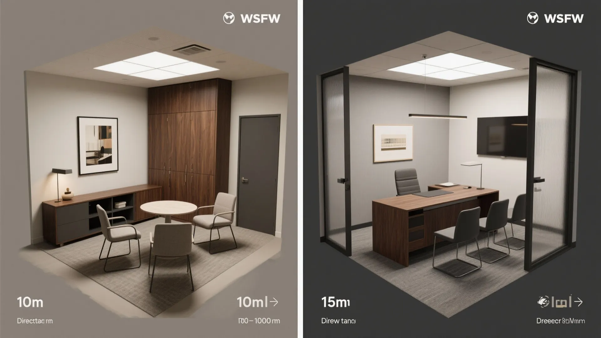 Comparison of two different office room layouts showing meeting area and private work desk furniture