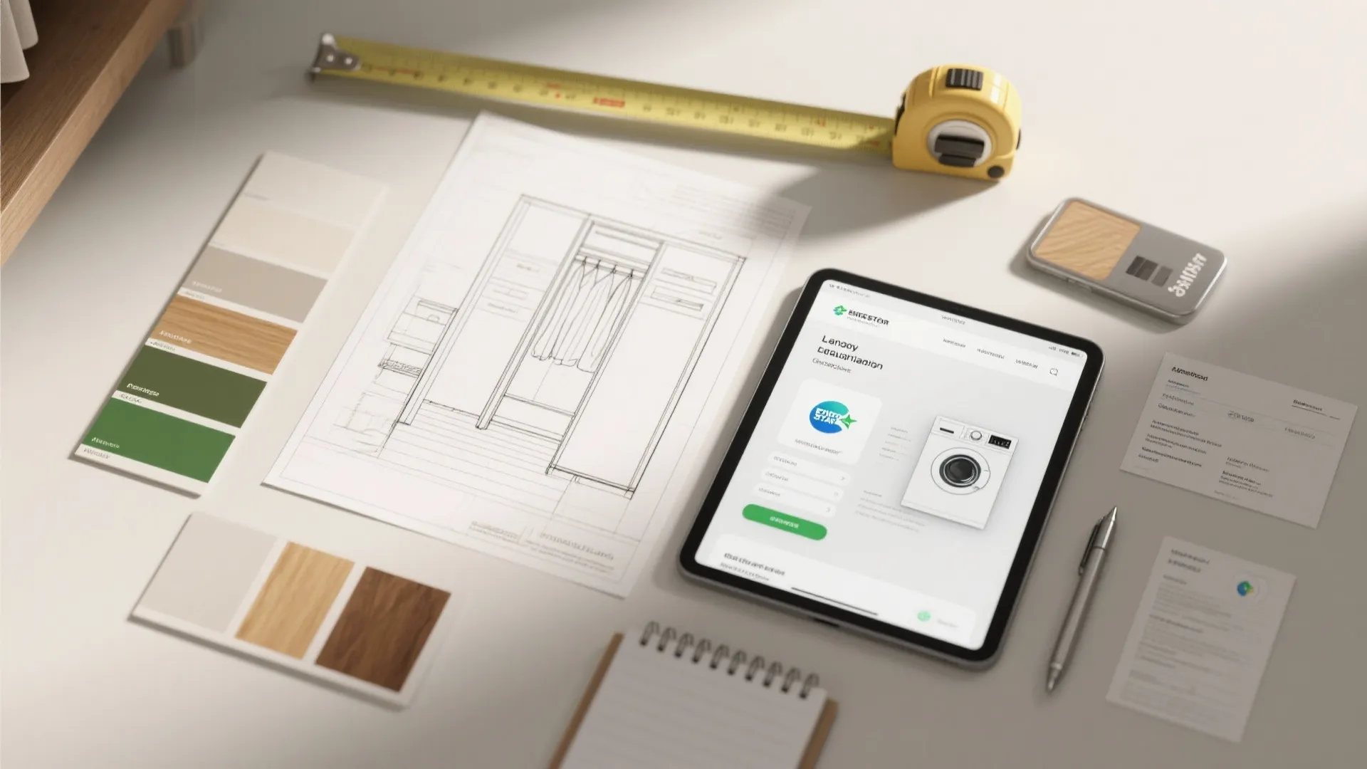 Interior design drawing on desk with tablet showing washing machine app and yellow tape measure