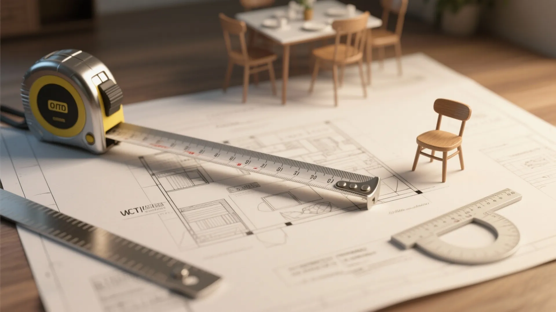 Tape measure and rulers on a room layout paper with small furniture models on top