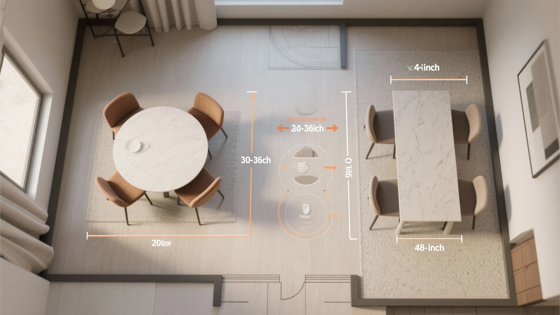Top view interior design drawing showing dining room layout with measurements for tables and chairs