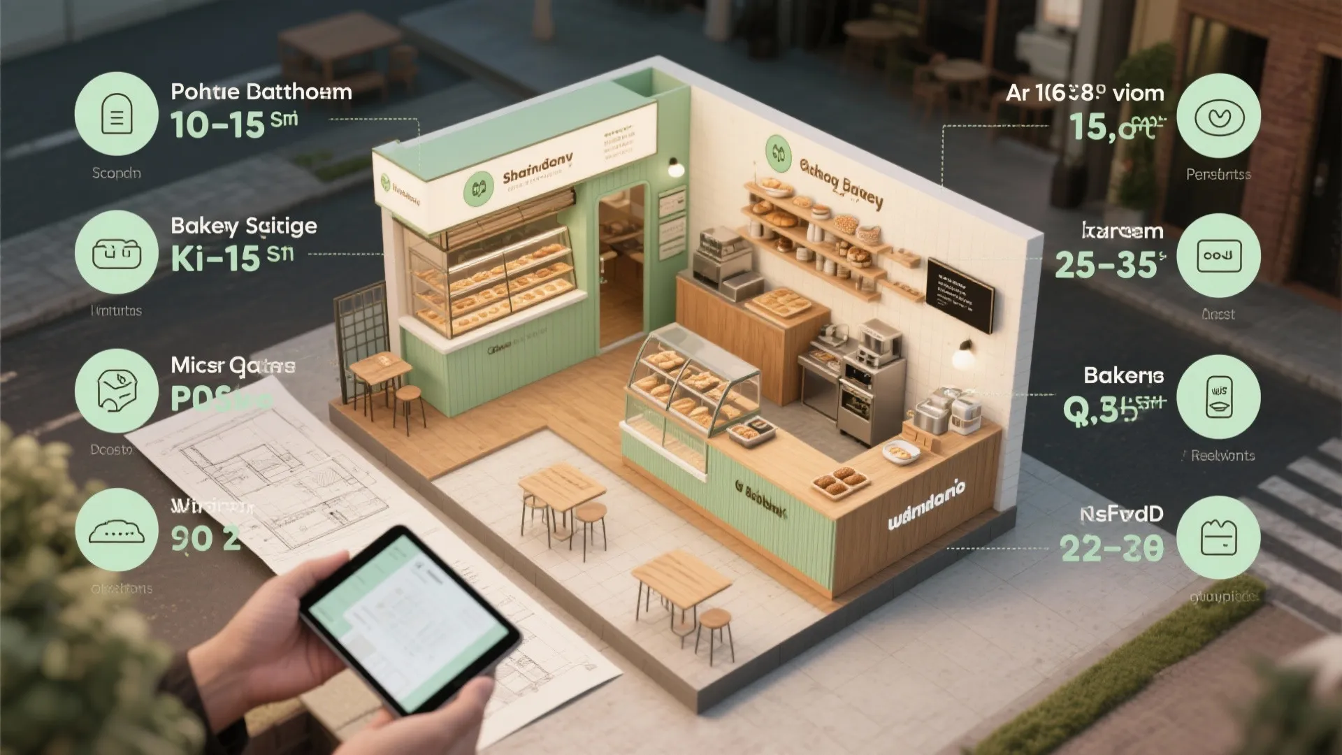 Bakery shop interior design drawing with green counters wood floor and person holding digital tablet