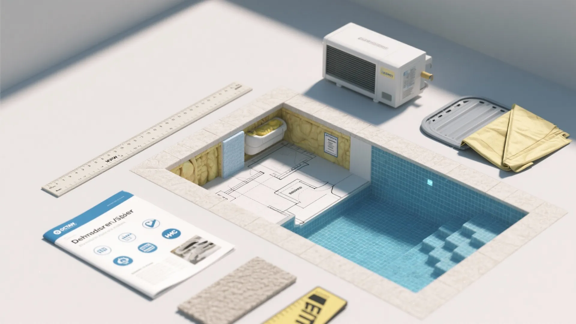 Small model of a swimming pool with floor plans tools and air conditioning unit on table