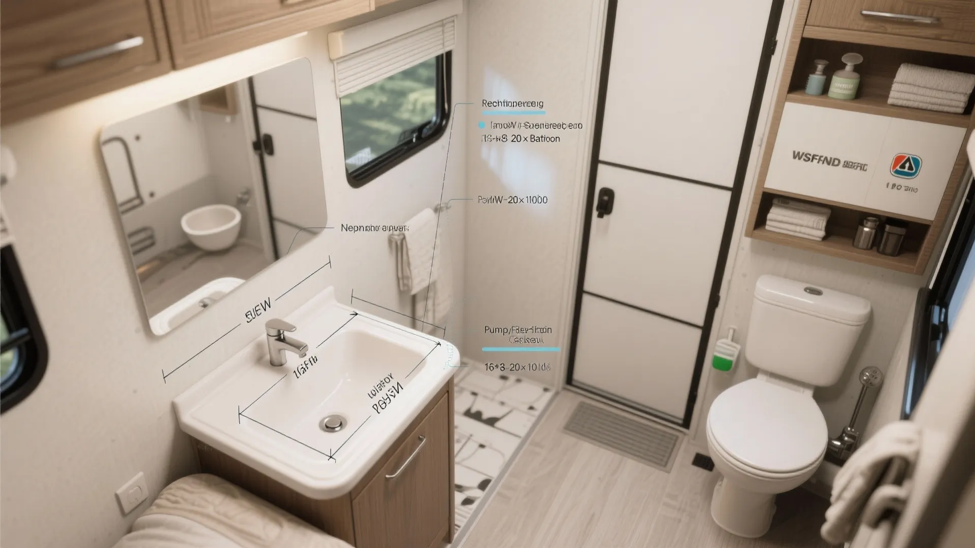Interior design drawing of a compact bathroom showing sink dimensions and layout with labeled parts