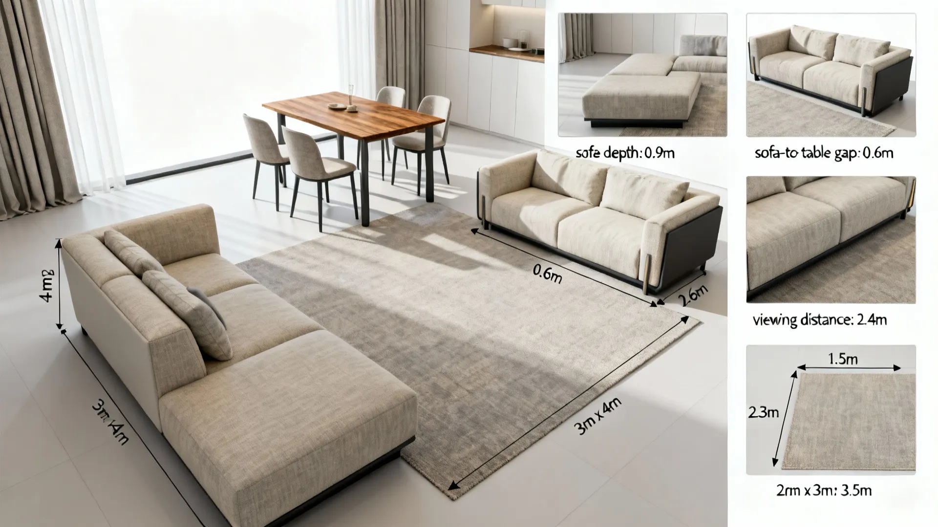 Montage of small living room layout examples and measurement cues for sofa, rug, and TV distances.