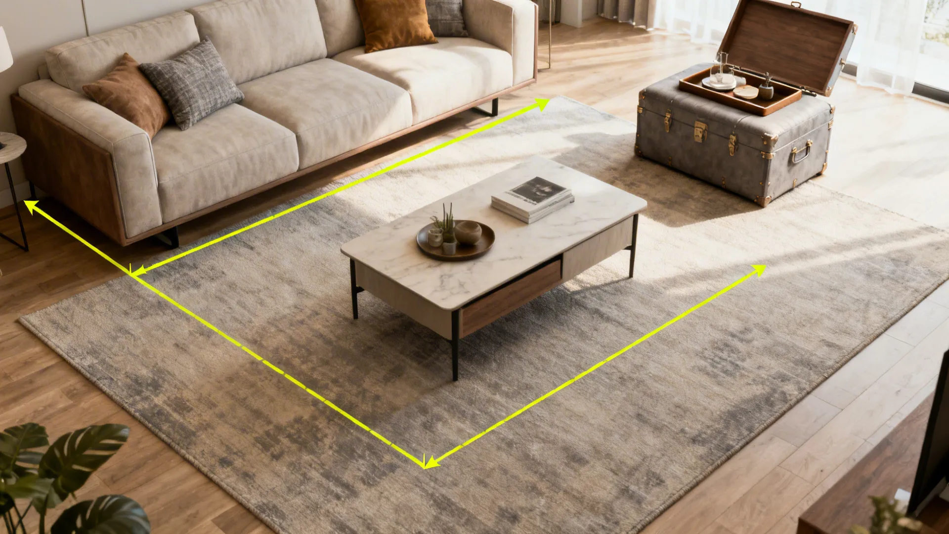 Composite mockup showing coffee table size guidelines, an ottoman with tray, a trunk, and a lift-top in a small living room