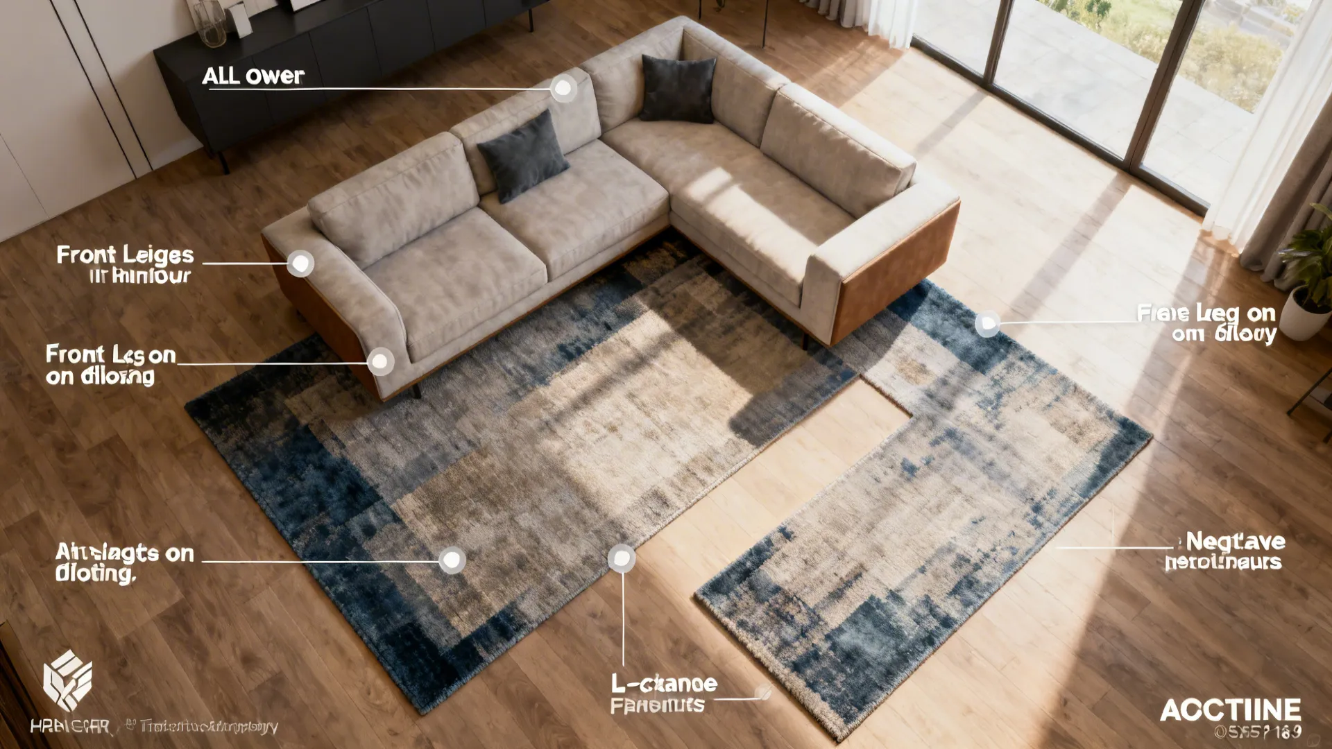 Top-down diagram mockups showing different rug placements for sectionals including all-under and front-legs-on