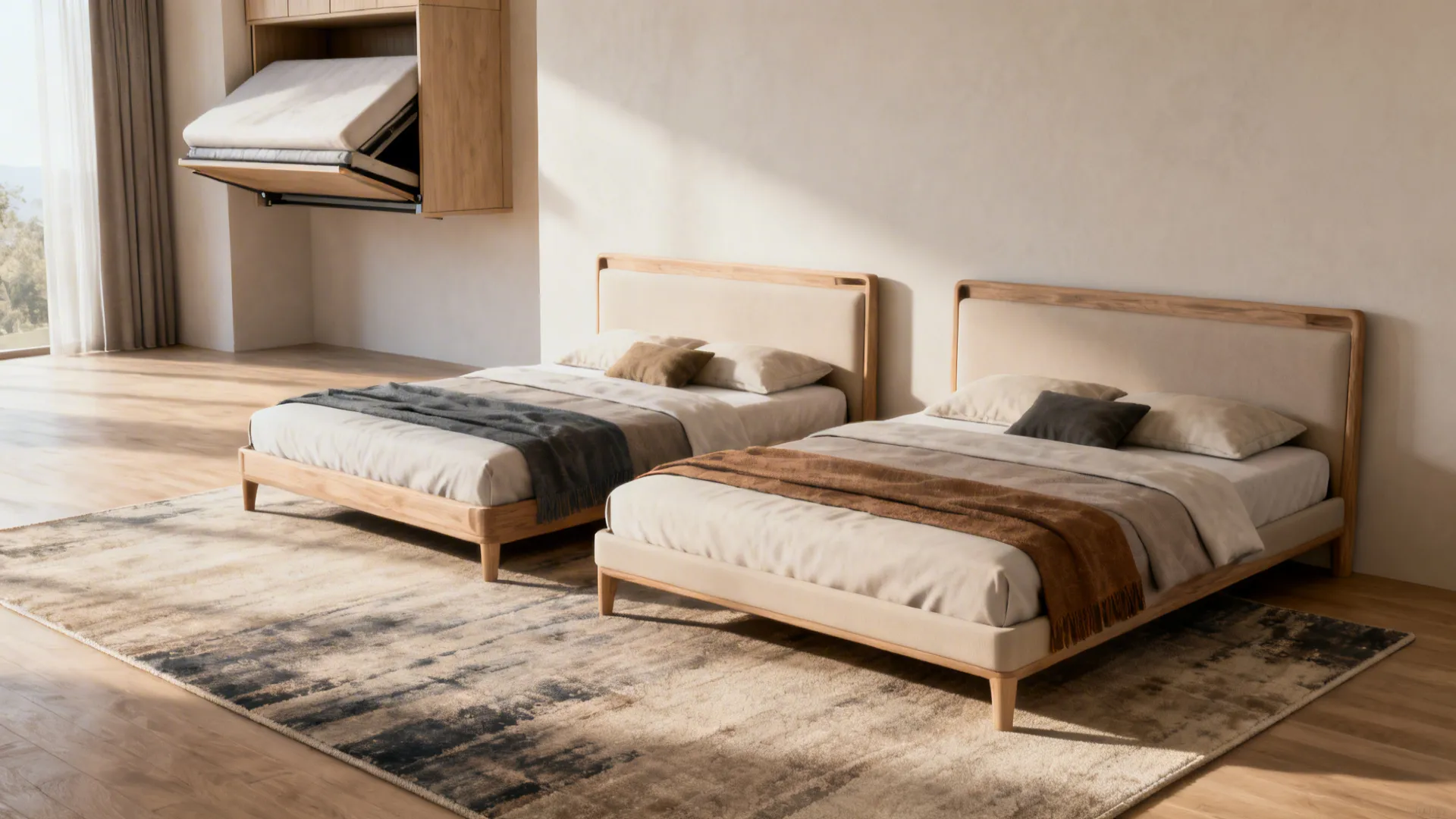 Flexible bedroom examples answering FAQs: matching frames, unified rug, and a folded murphy bed in the background.