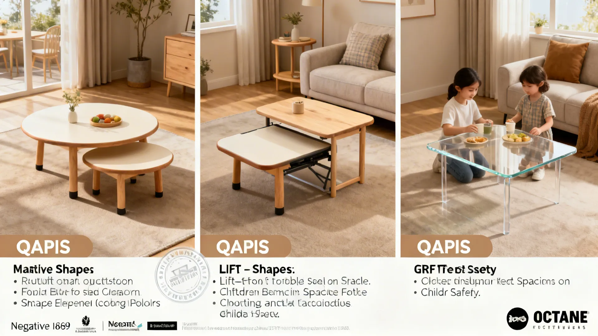 Collage of coffee table options and layout tips illustrating FAQs for small living rooms