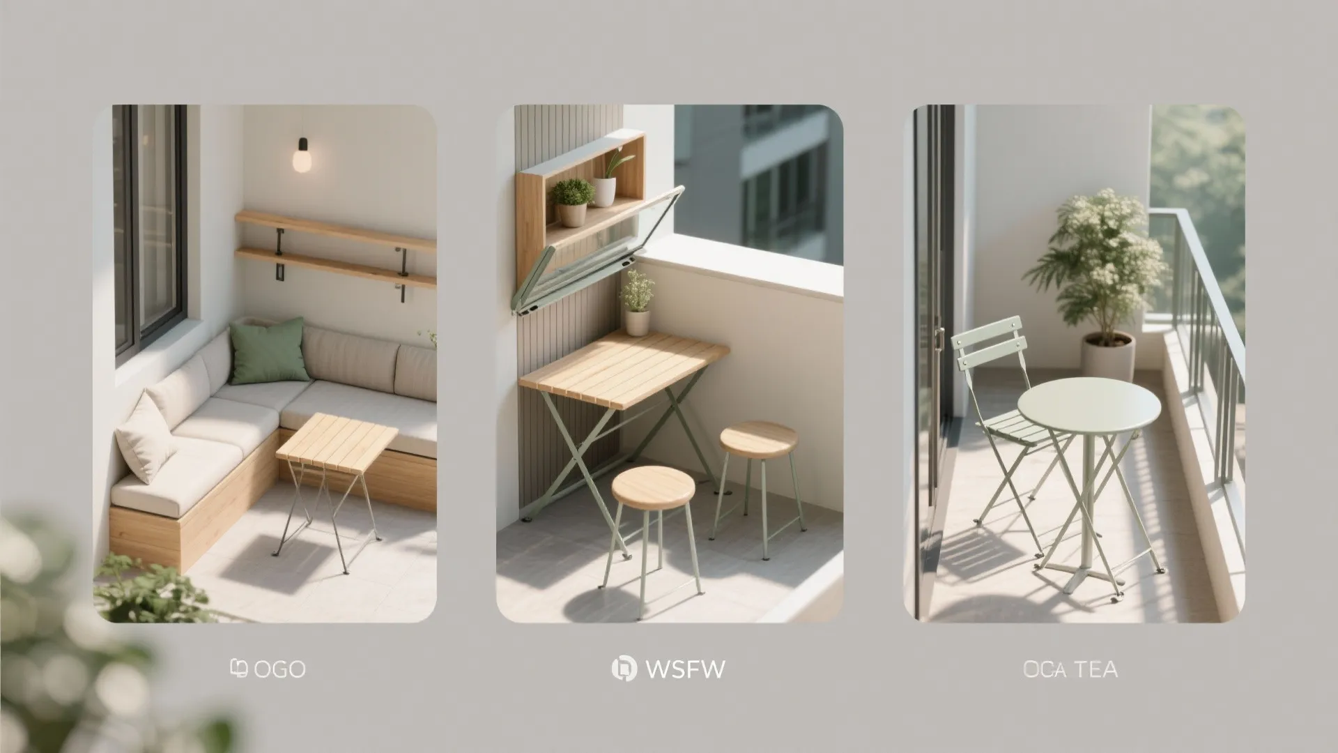 Three different small balcony furniture layouts showing sofa and folding table and chairs with plants