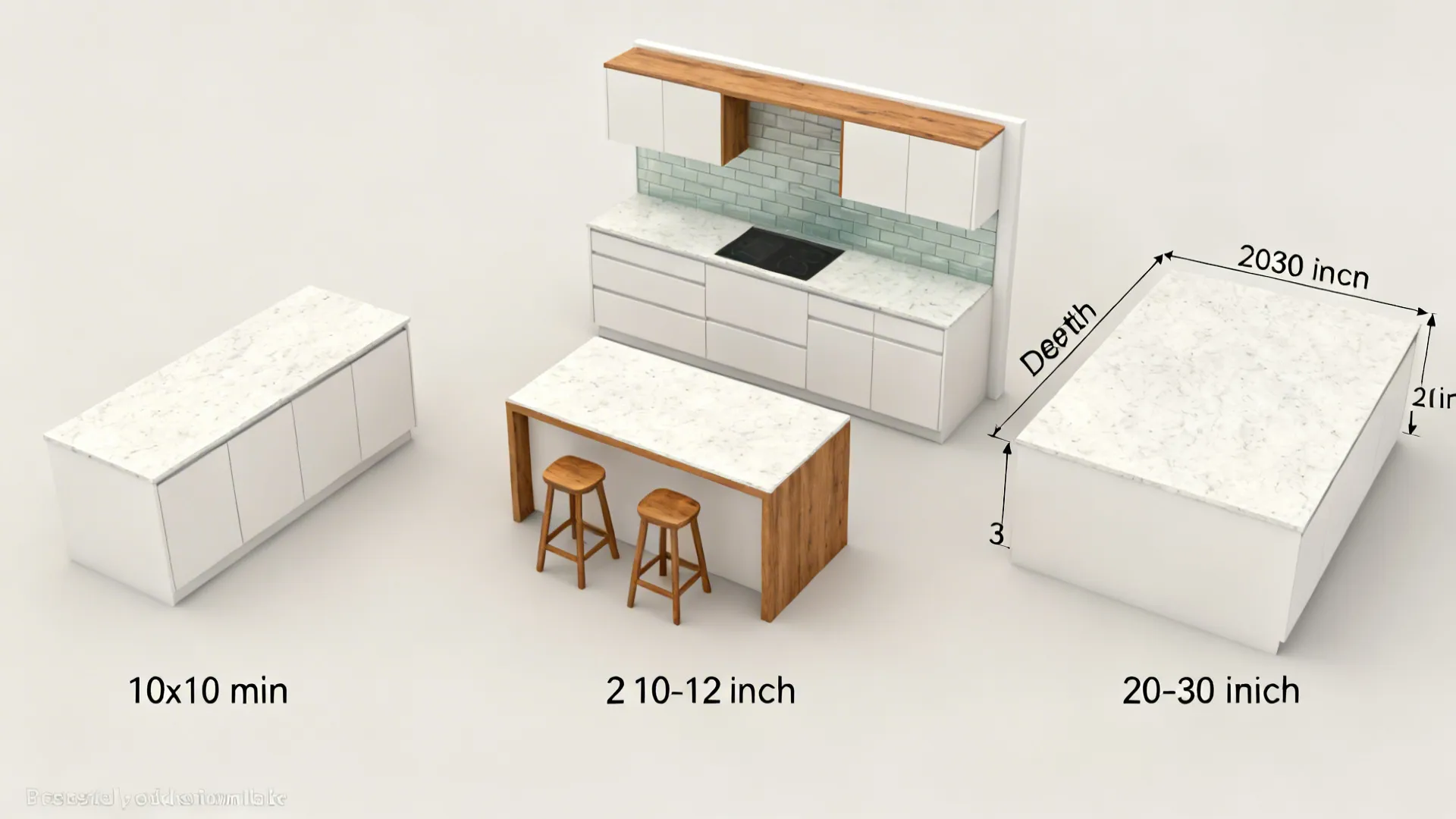 Three top-down mini layouts showing slim island options and seating overhangs in a 10x10 kitchen.