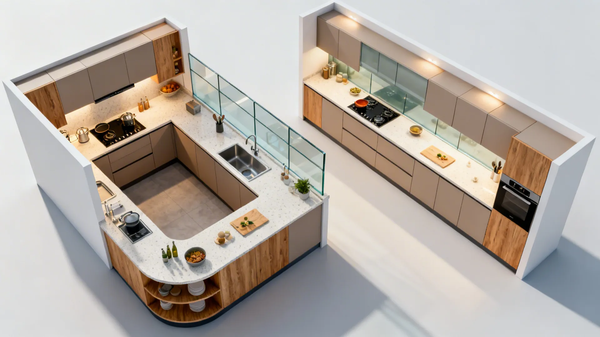 Top-down comparison of L-shaped and parallel galley kitchen layouts with efficient work triangles.