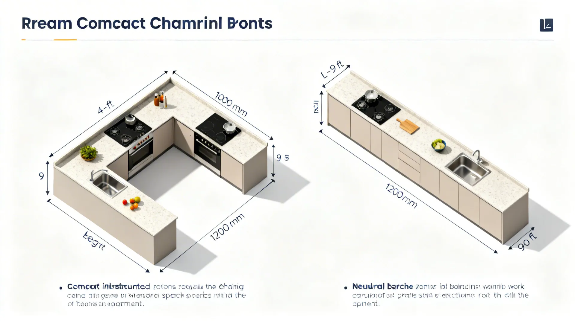 Top-down render comparing L-shaped and parallel kitchen layouts with clearances and work triangle.