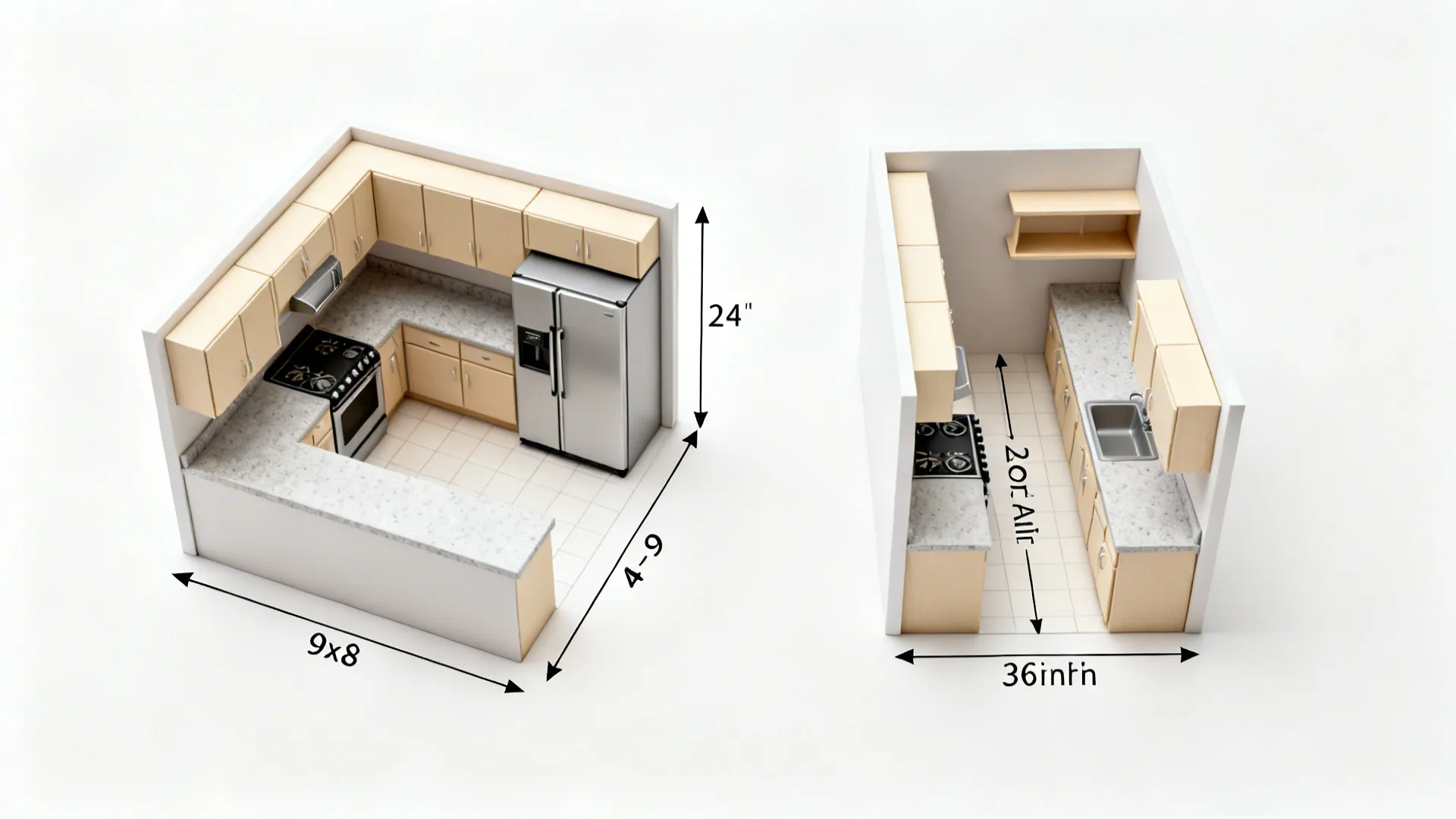 Top-down comparison of L-shaped and galley 9x8 kitchen layouts with efficient triangles.