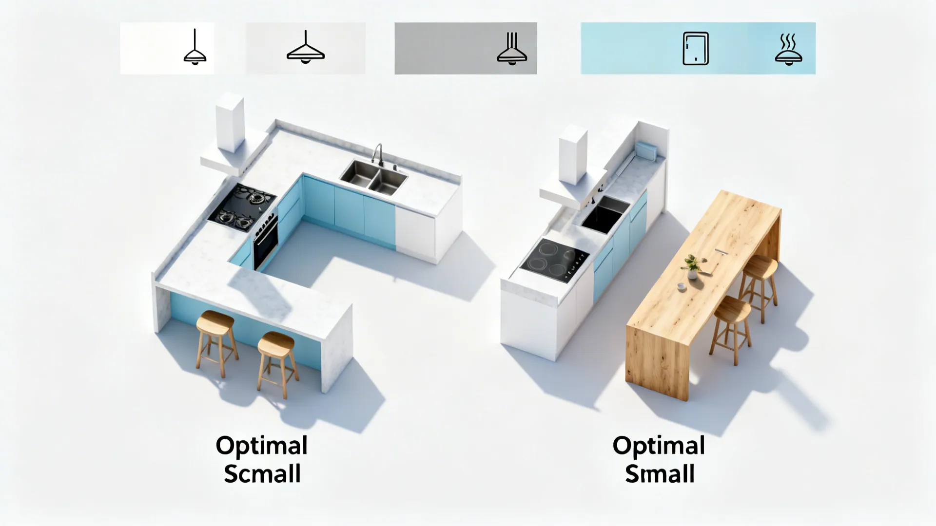 Top-down view comparing L-shaped and galley layouts with coastal palette swatches.