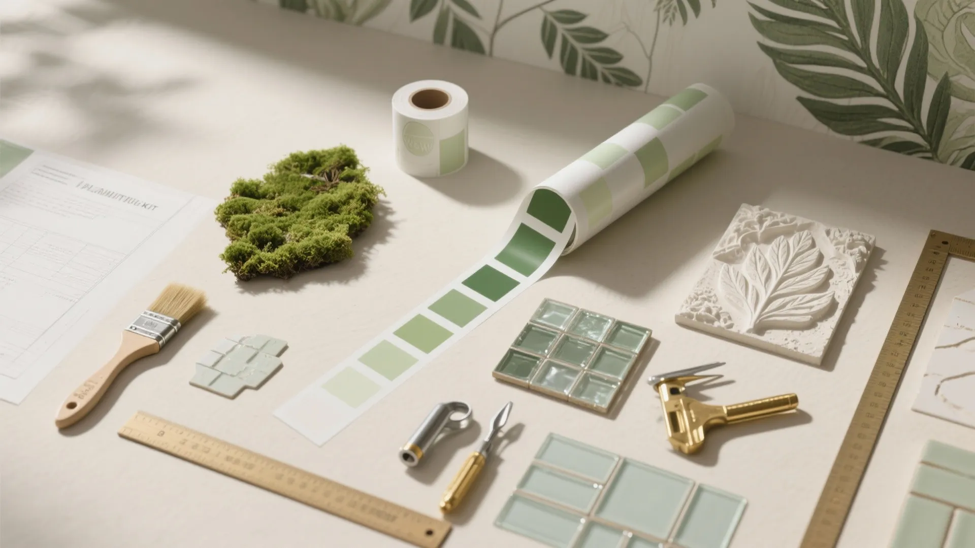 Interior design materials including color samples green tiles moss brush and wooden ruler on table