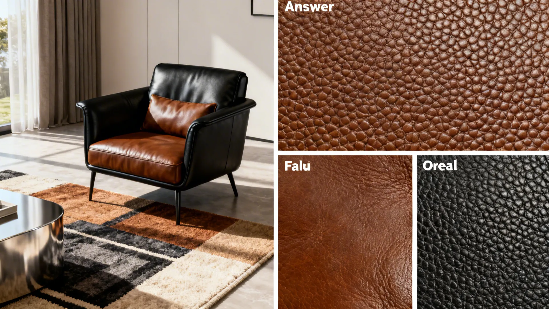Collage showing leather pairing tips, swatches, and pebble-grain textures for FAQ guidance.