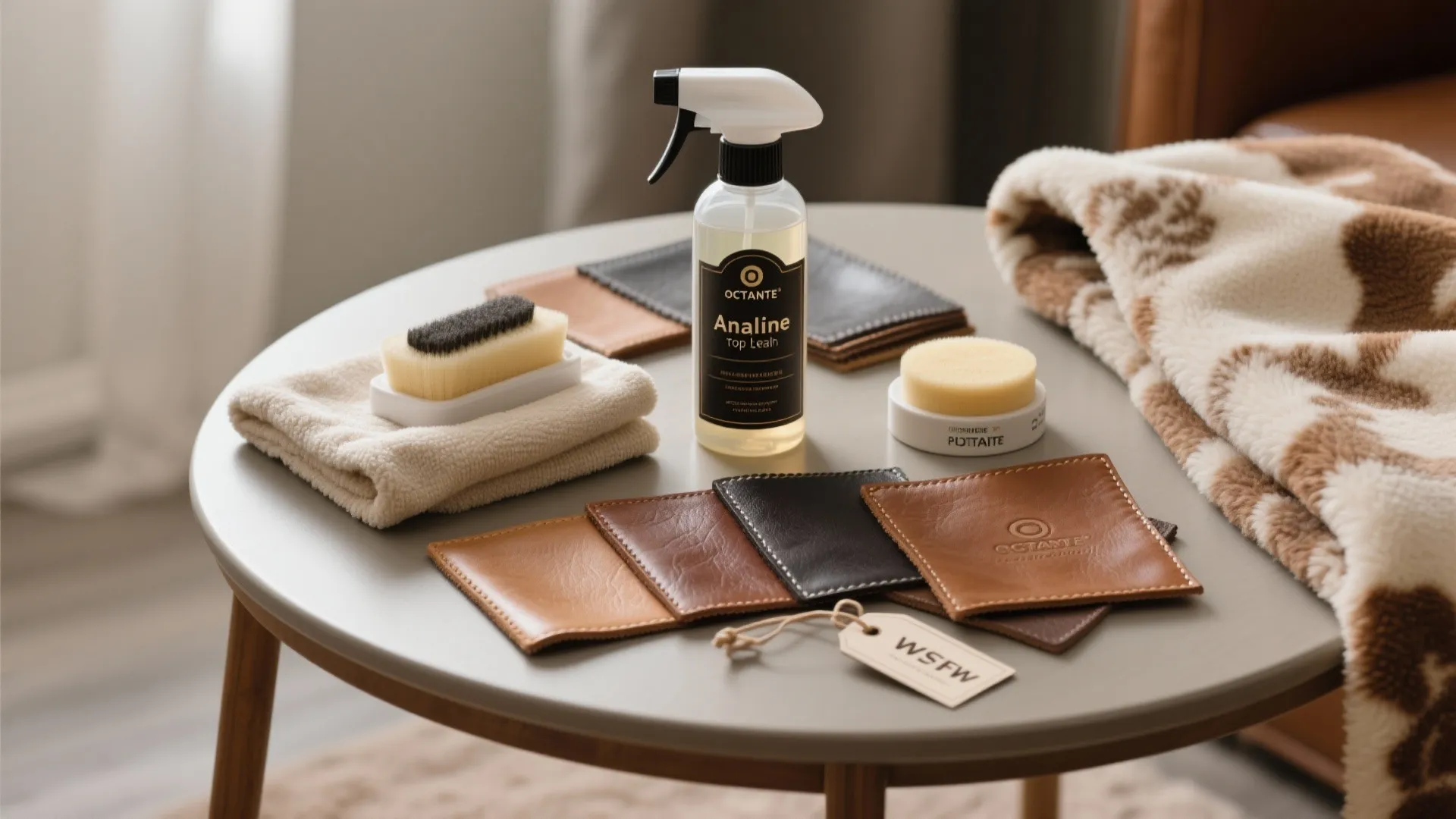 Leather cleaning kit with spray bottle brush sponge and leather samples on a round grey table